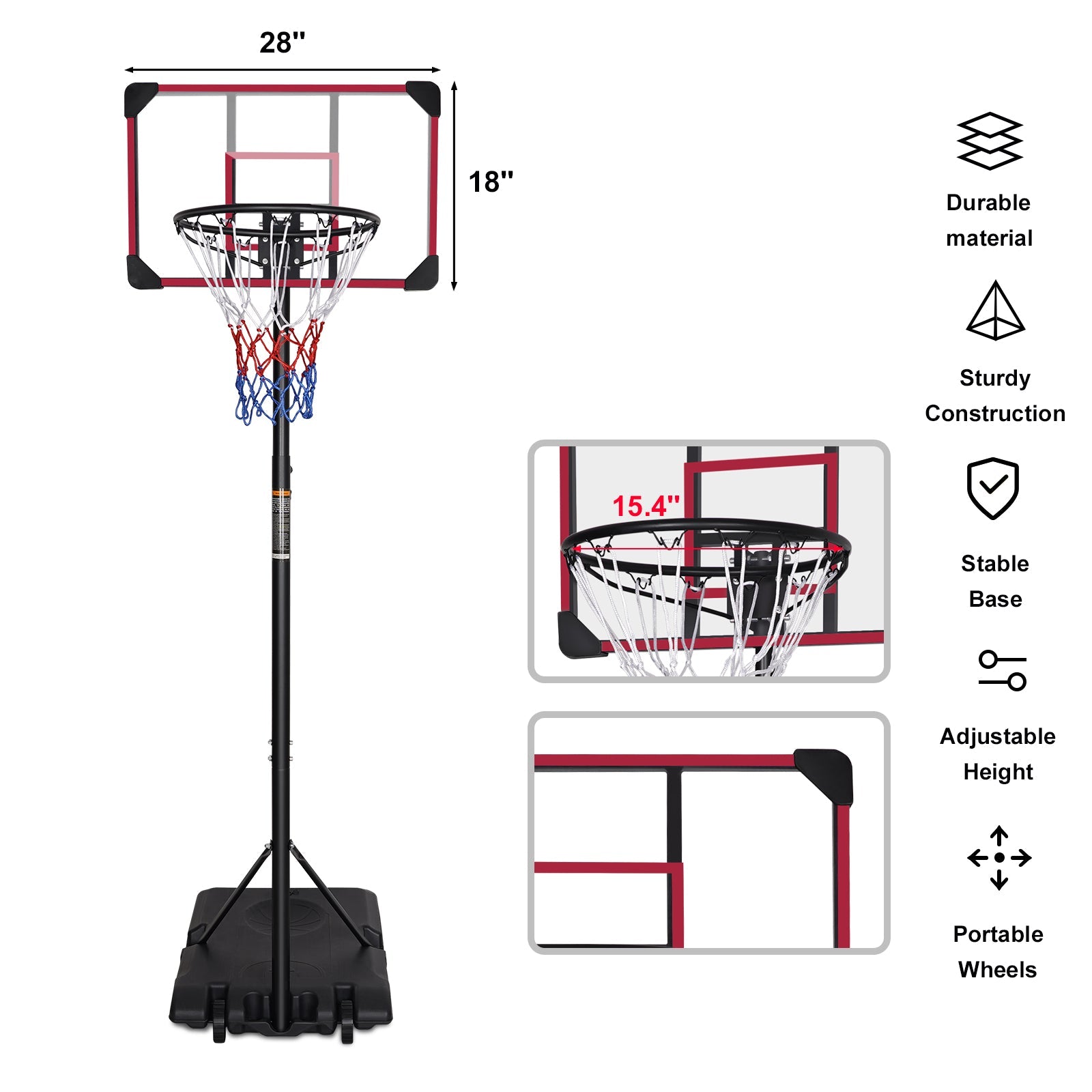 Logidon Draagbare Basketbalstandaard 170-213cm Rood Zwarte Wielen