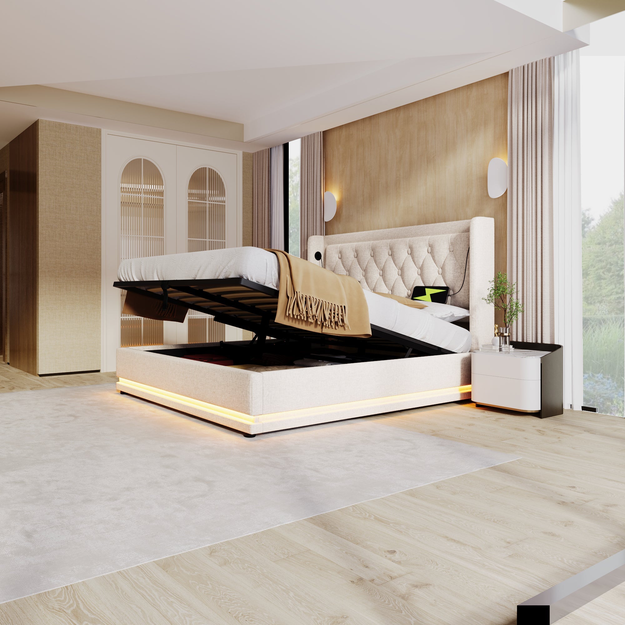 Logidon upholstered bed 160x200 beige with storage space USB Type C charging function