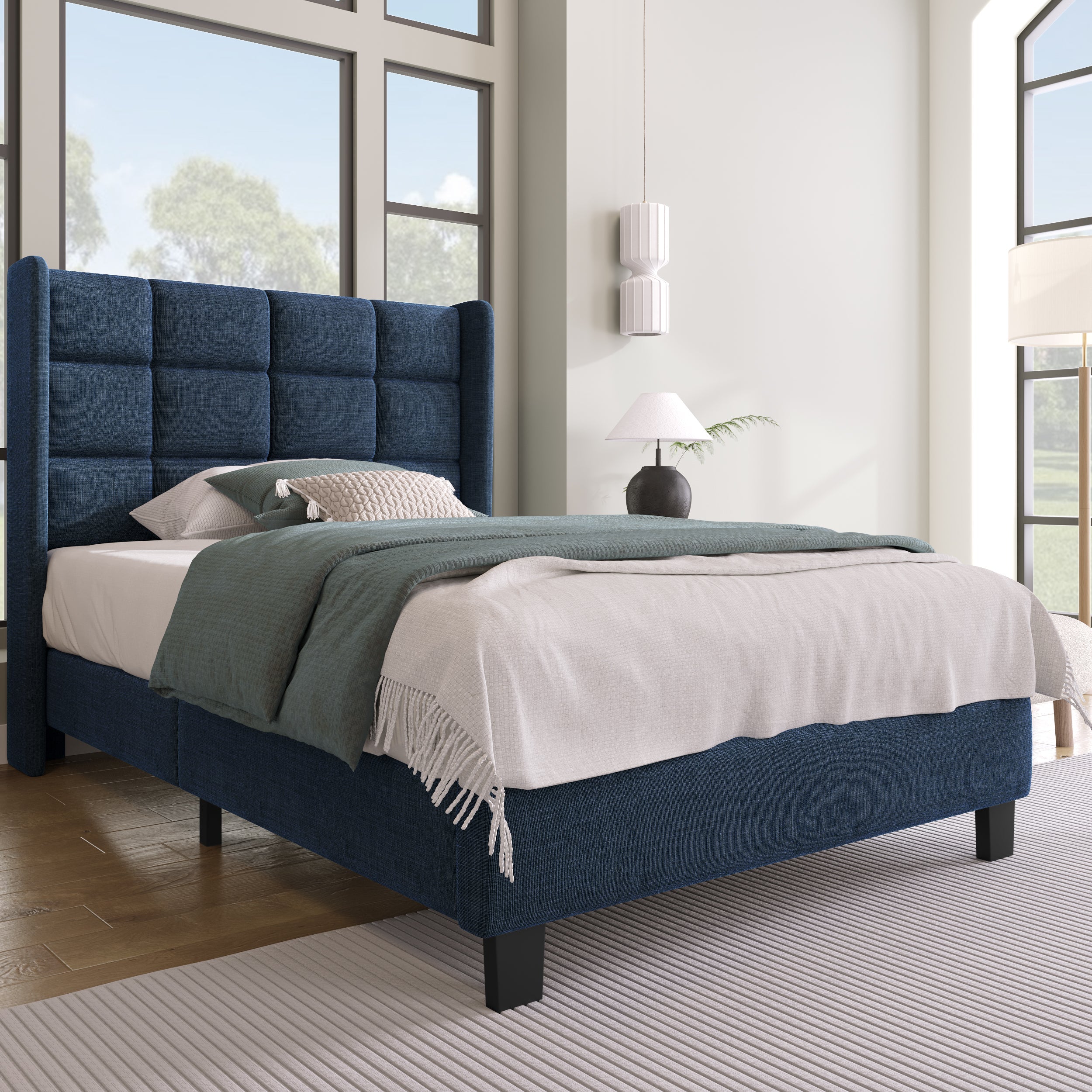 Logidon gestoffeerd bed 90x200 blauw linnen met gecapitonneerd hoofdeinde