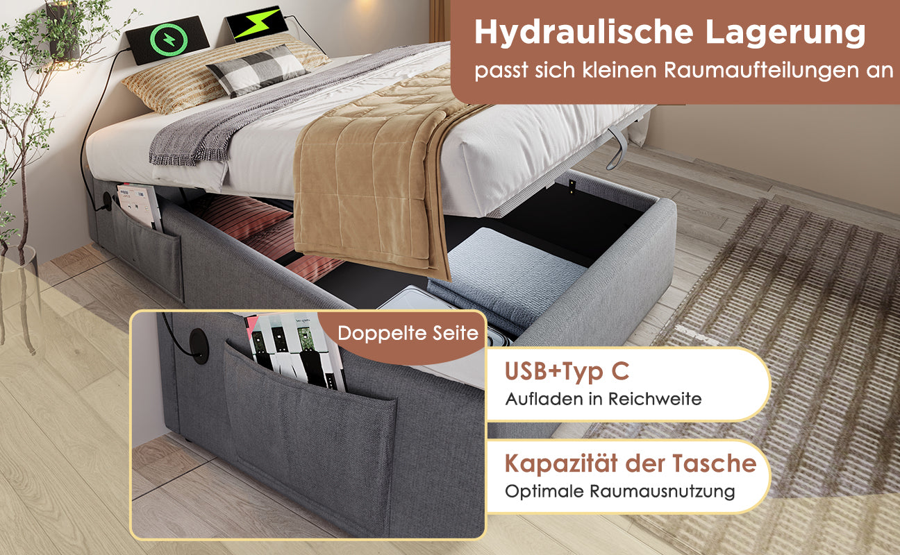 Logidon upholstered bed 160x200 gray with USB C and full-surface slatted frame