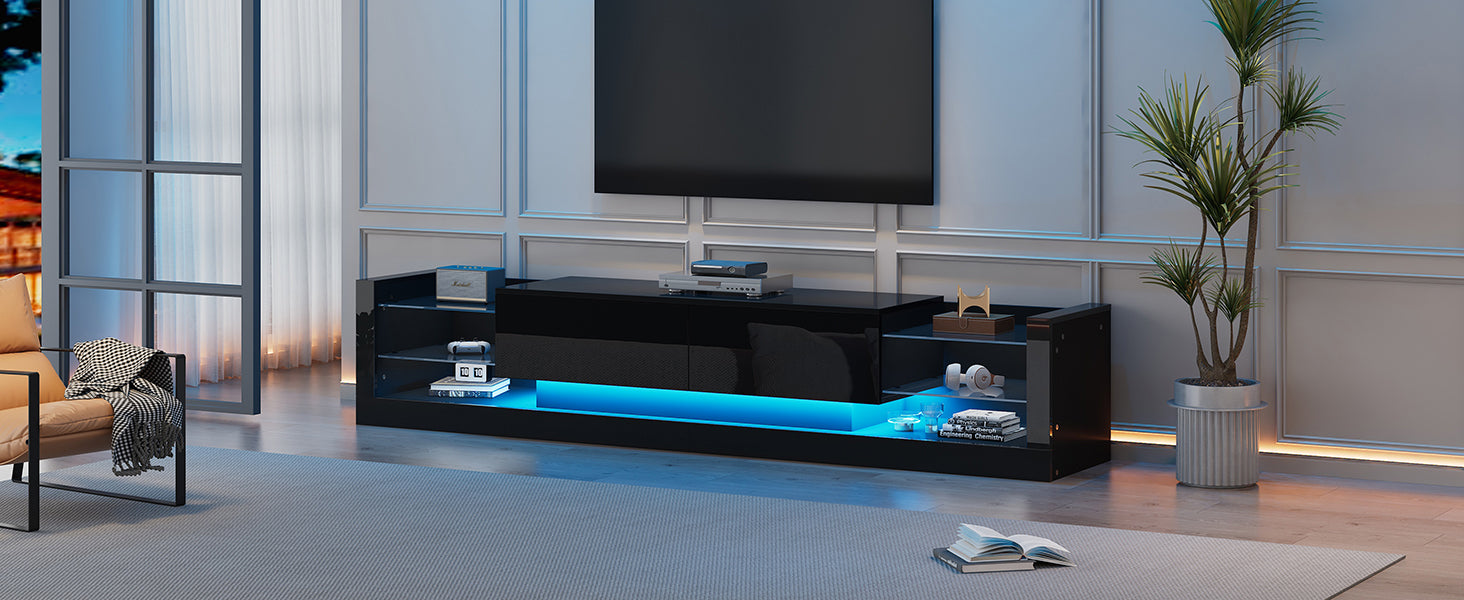 Logidon high-gloss TV cabinet 181 cm LED lighting black glass front