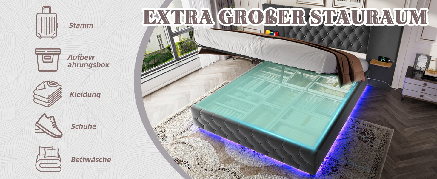 Logidon bedframe 140x200 cm grijs fluweel breed hoofdbord LED
