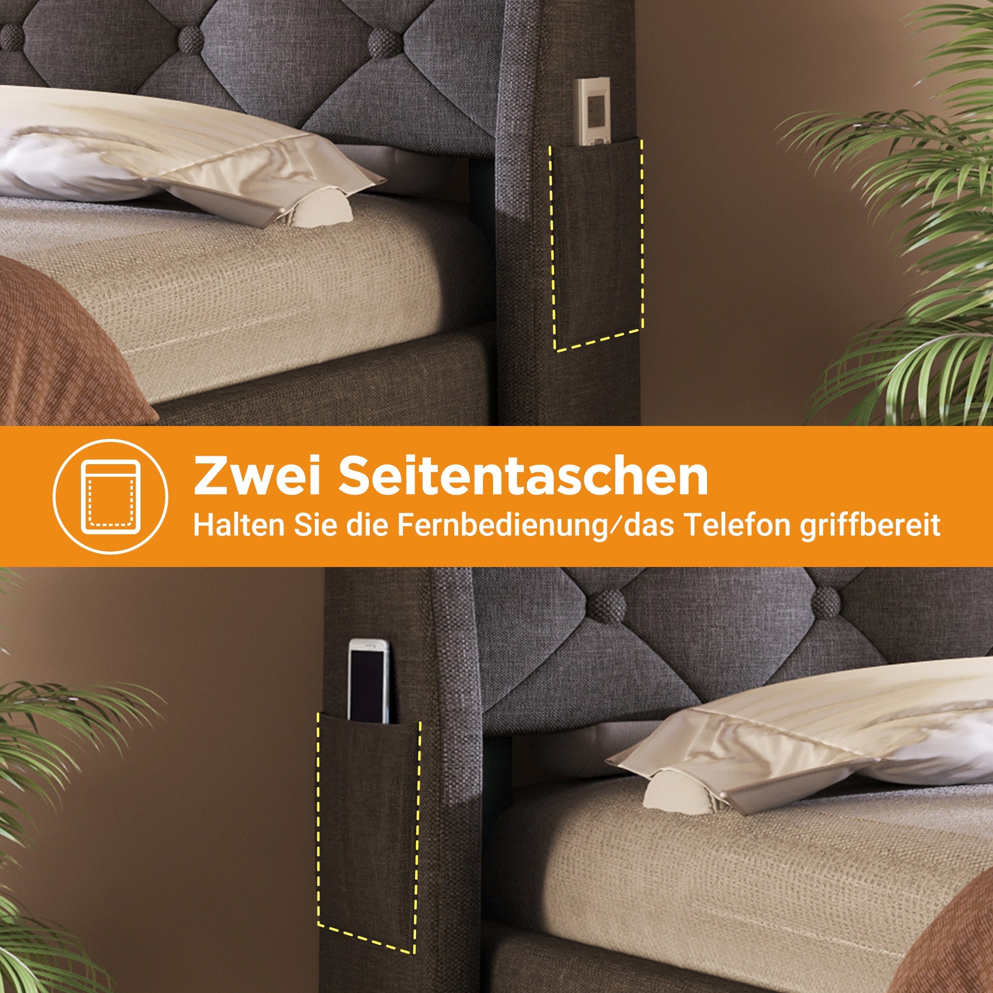 Logidon gestoffeerd bed 160x200 cm met opbergruimte, LED-hoofdbord, USB-C