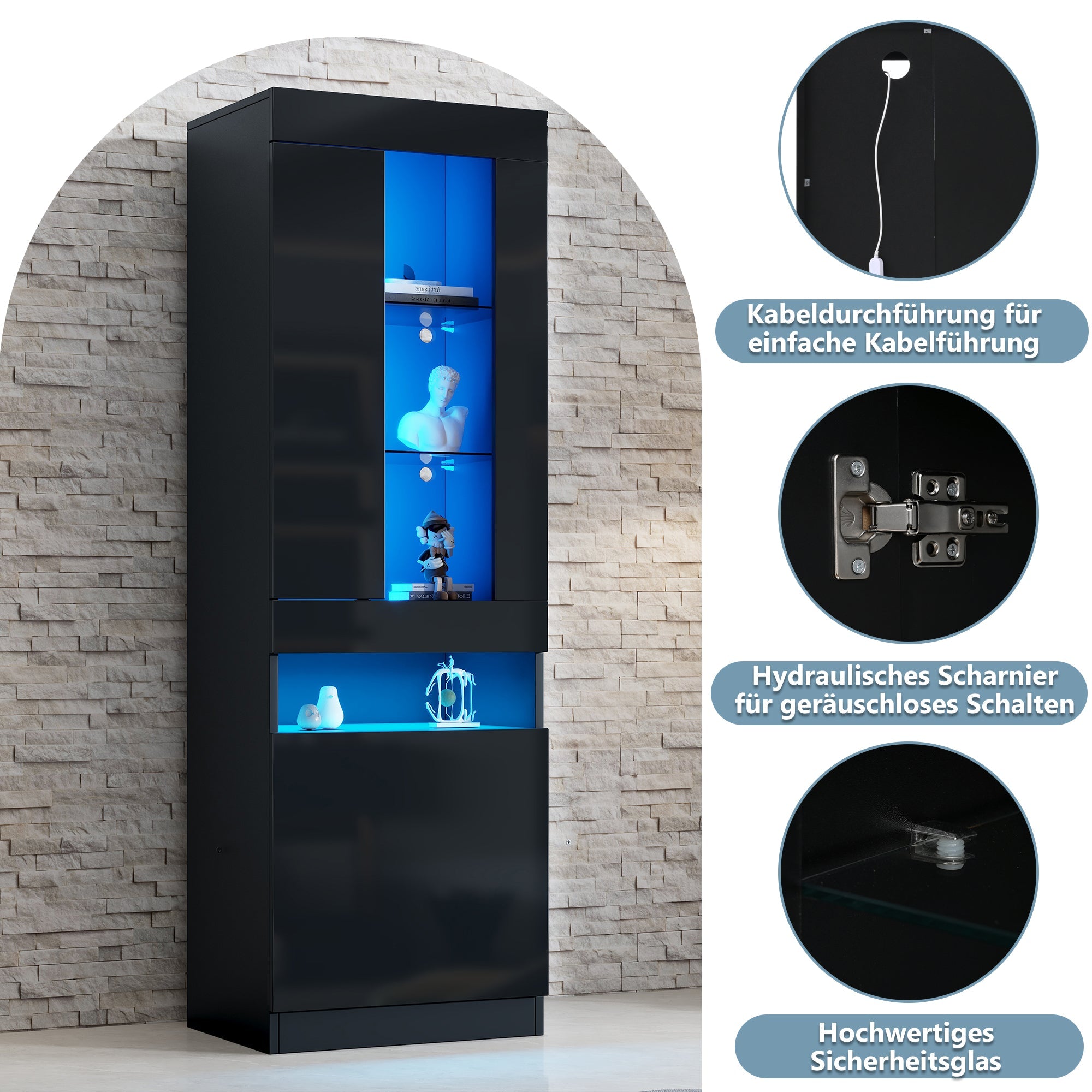 Logidon vitrine met LED verlichting, staande vitrine 50x40x180 cm zwart