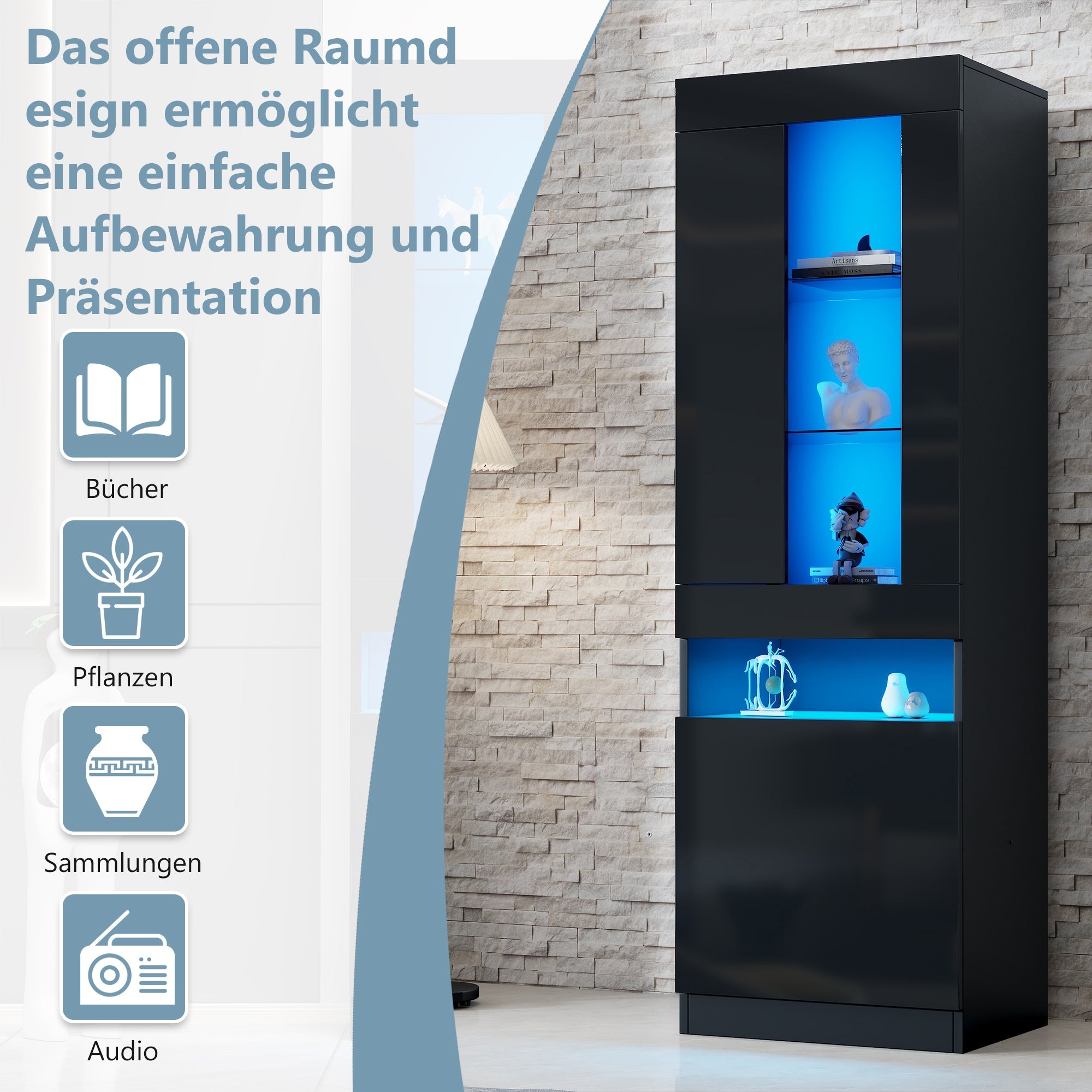 Logidon vitrine met LED verlichting, staande vitrine 50x40x180 cm zwart