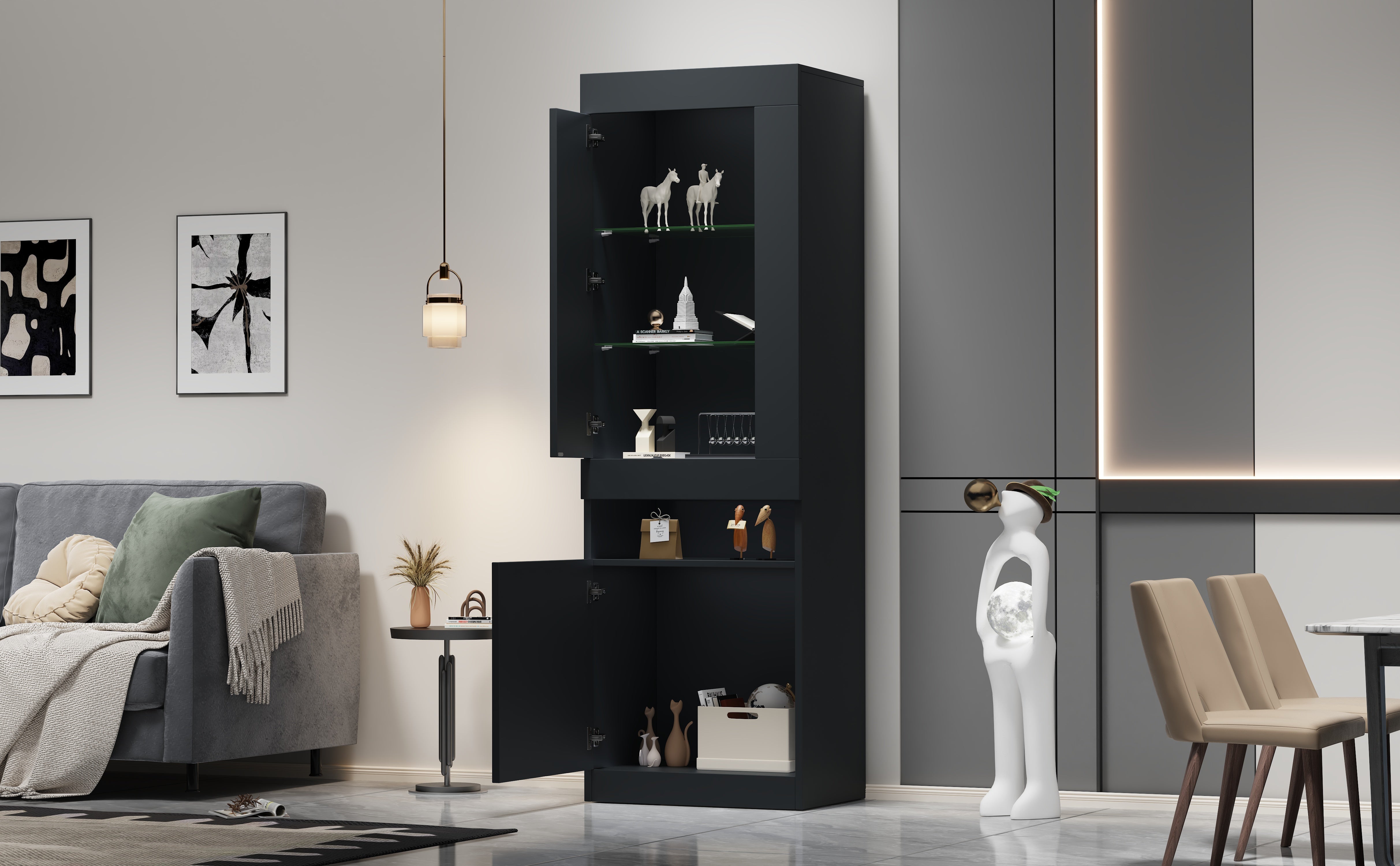 Logidon vitrine met LED verlichting, staande vitrine 50x40x180 cm zwart