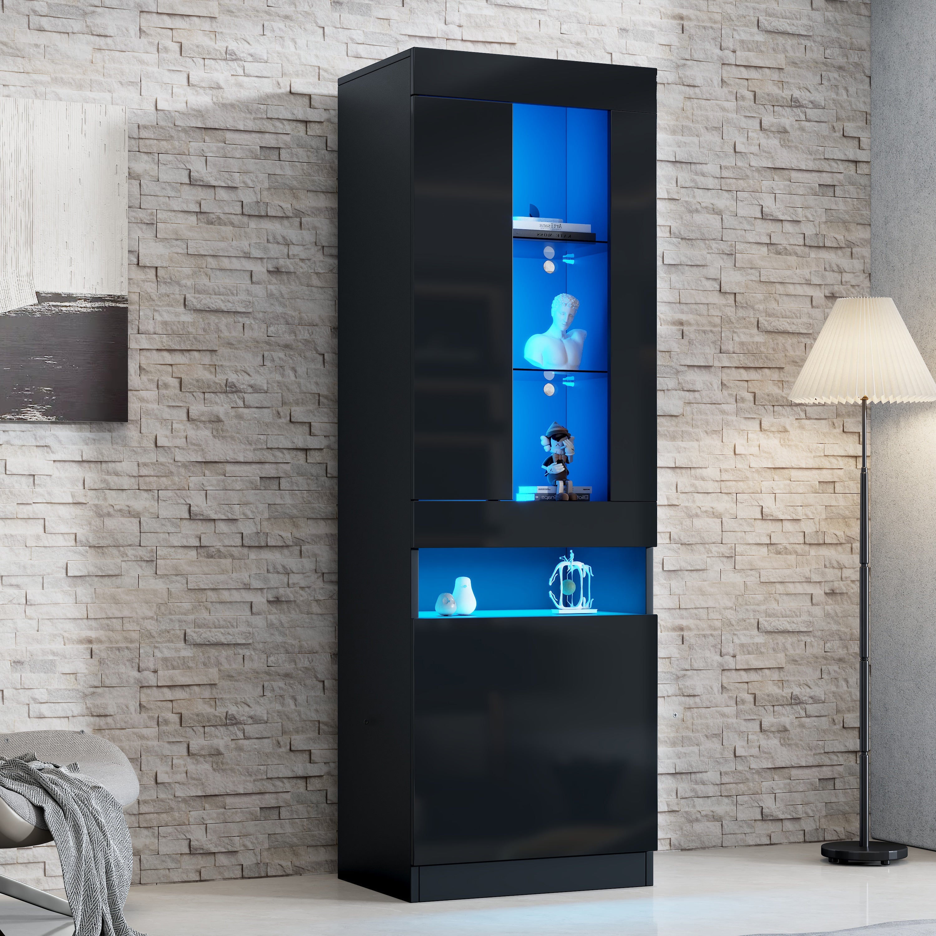 Logidon vitrine met LED verlichting, staande vitrine 50x40x180 cm zwart