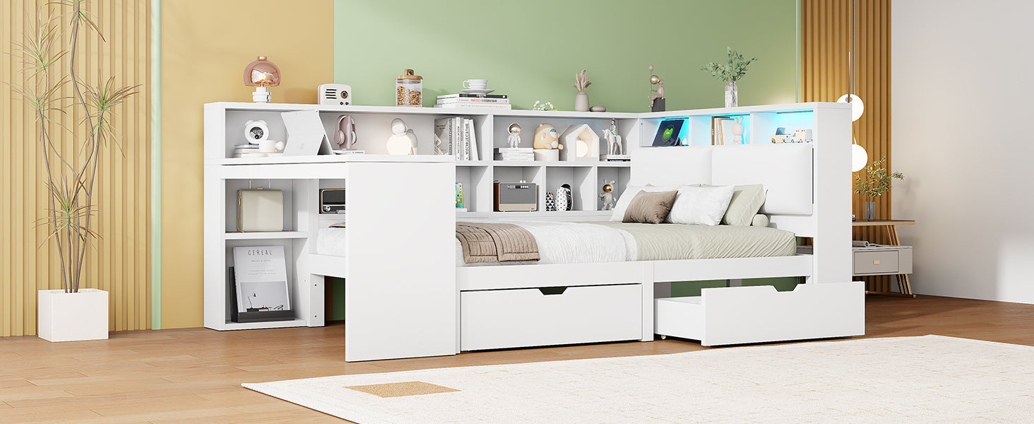 Logidon Hoekbed 140x200 L-vorm met Bureau Boekenplank Wit