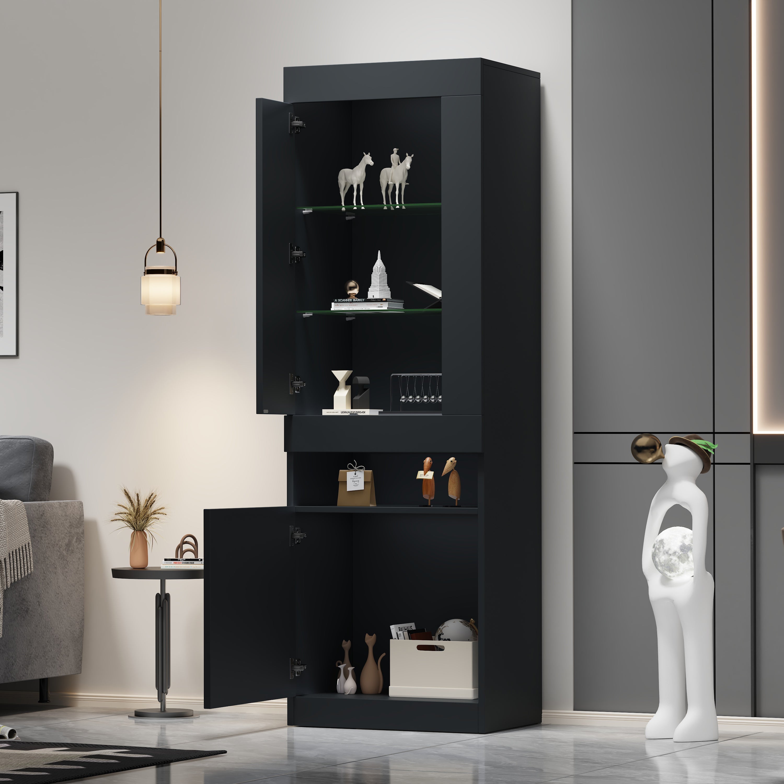 Logidon vitrine met LED verlichting, staande vitrine 50x40x180 cm zwart