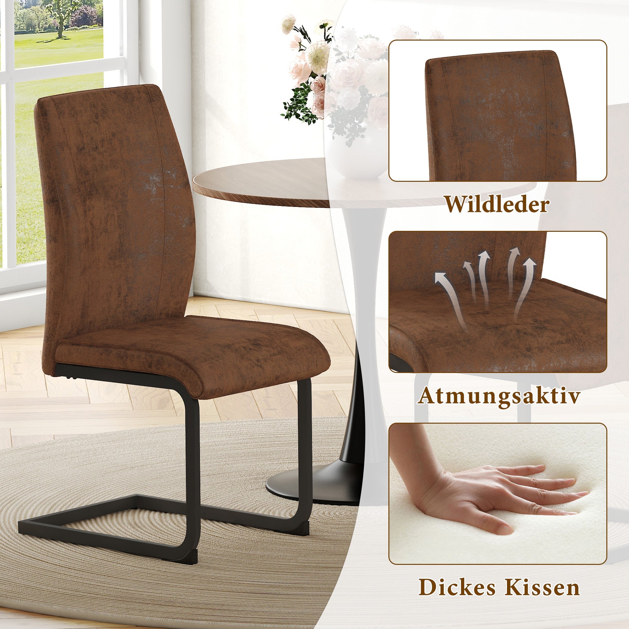 Logidon set van 2 bruine, ergonomische eetkamerstoelen met metalen frame