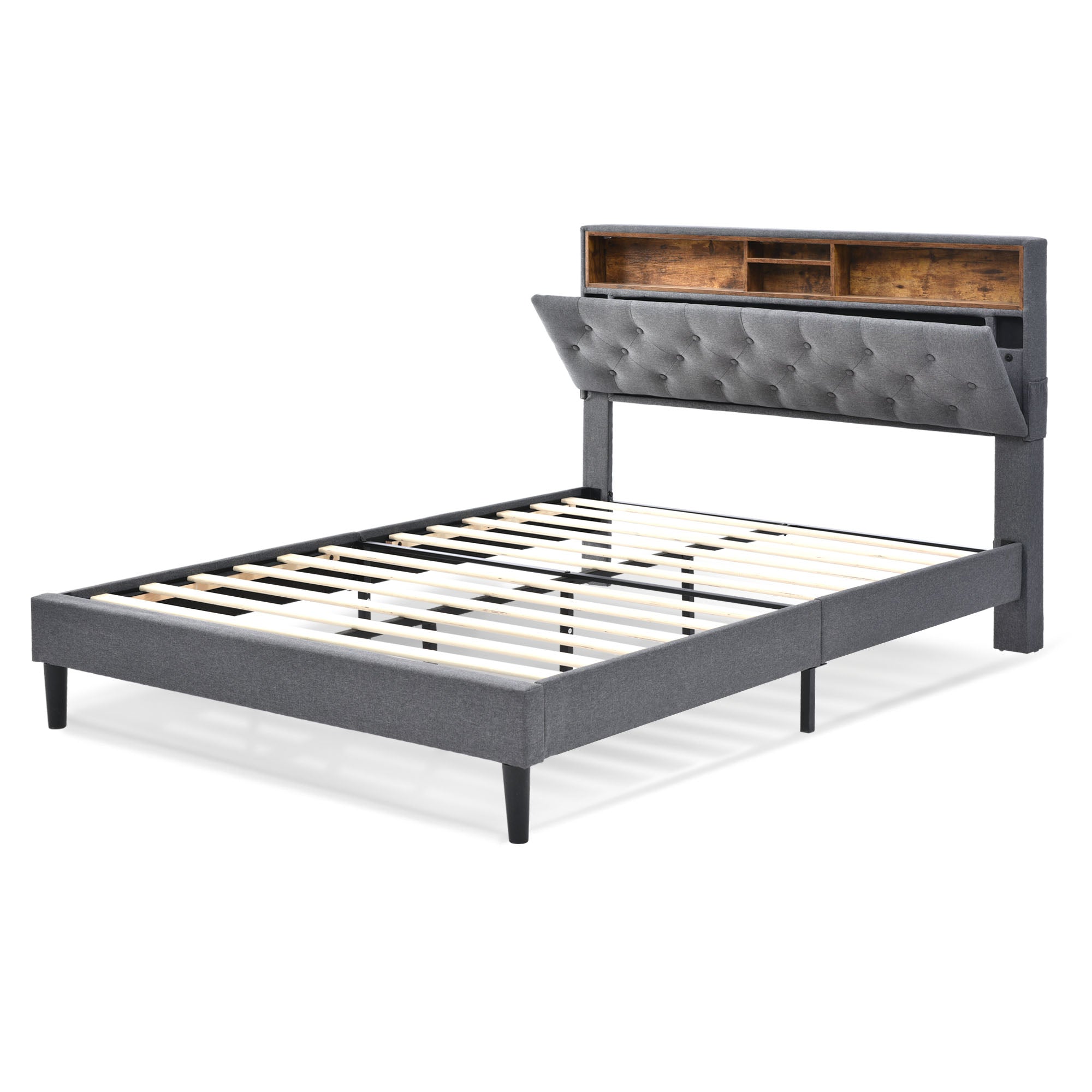 Logidon gestoffeerd tweepersoonsbed met opbergruimte hoofdbord LED grijs 140x200