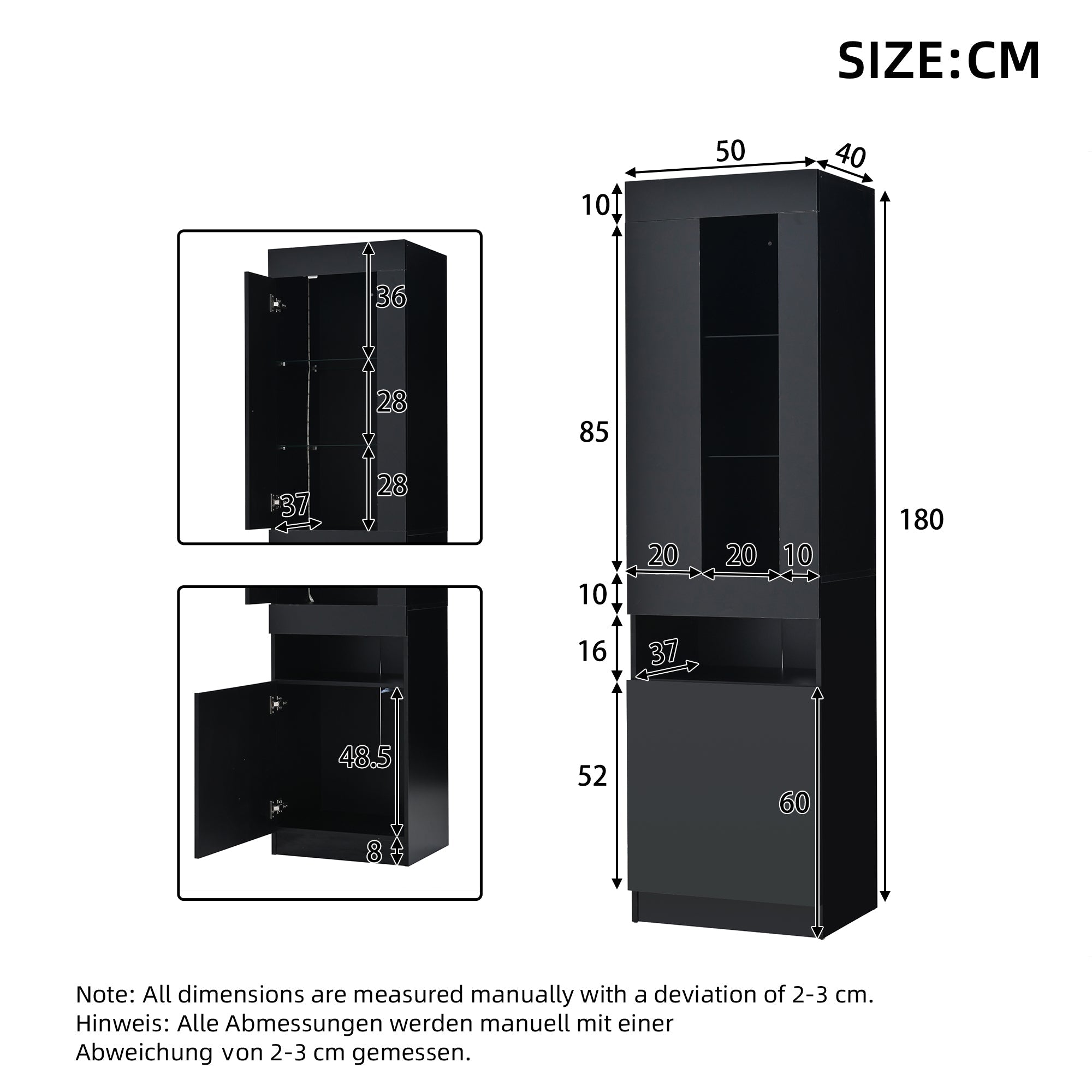 Logidon vitrine met LED verlichting, staande vitrine 50x40x180 cm zwart
