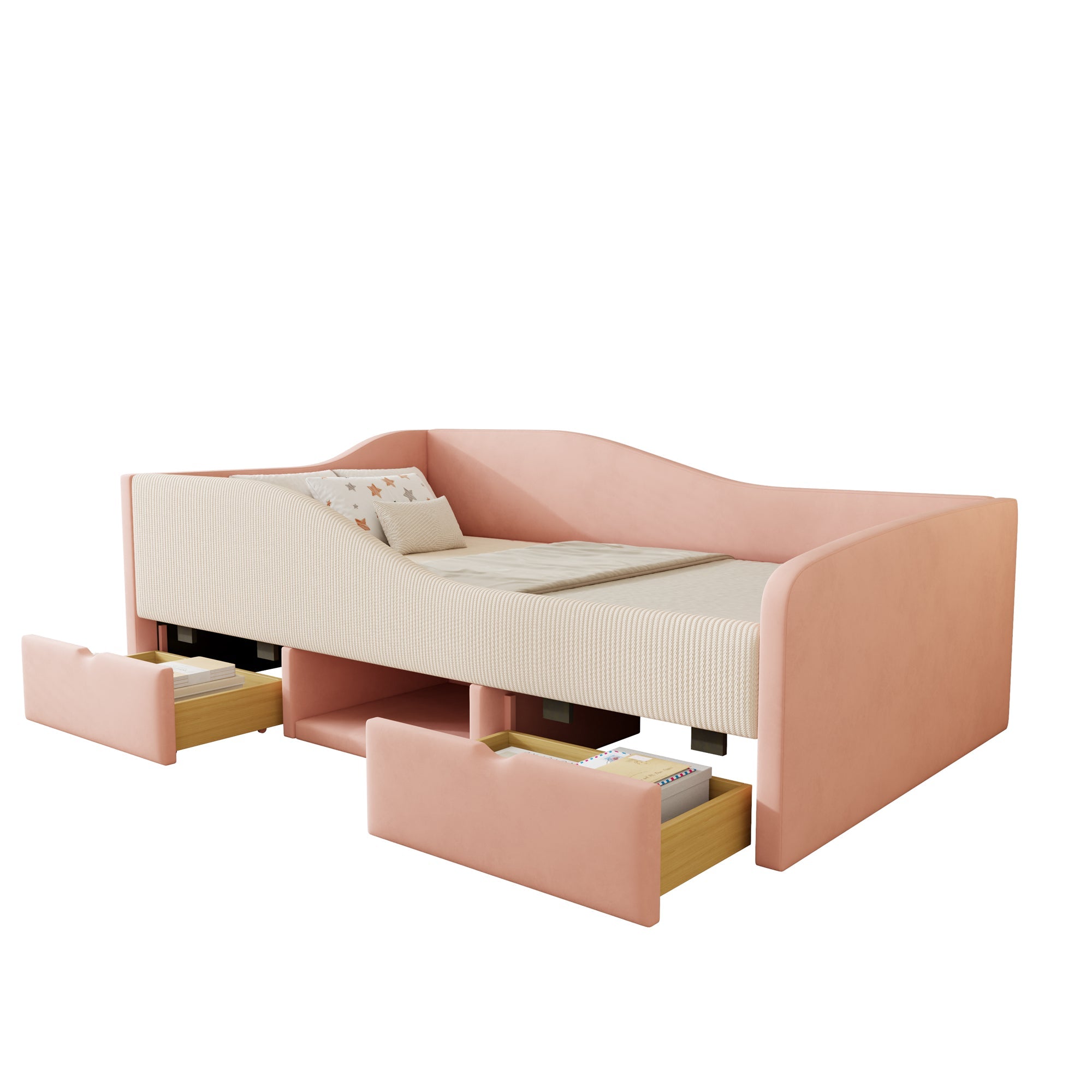 Logidon gestoffeerd bed 90x190 roze crème wit fluweel stof twee lades