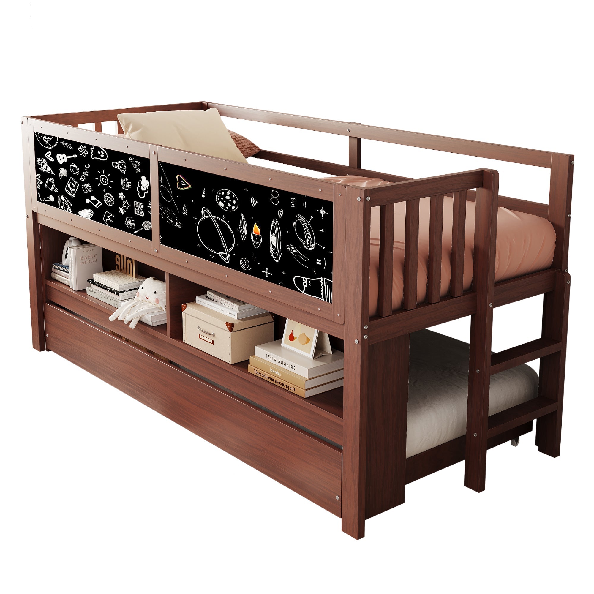 Logidon House Bed 90x200 Bruin Uitschuifbare onderbed-klimladder