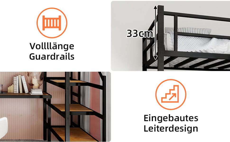 Logidon hoogslaper met L-bureau en opbergruimte zwart eenpersoonsbed
