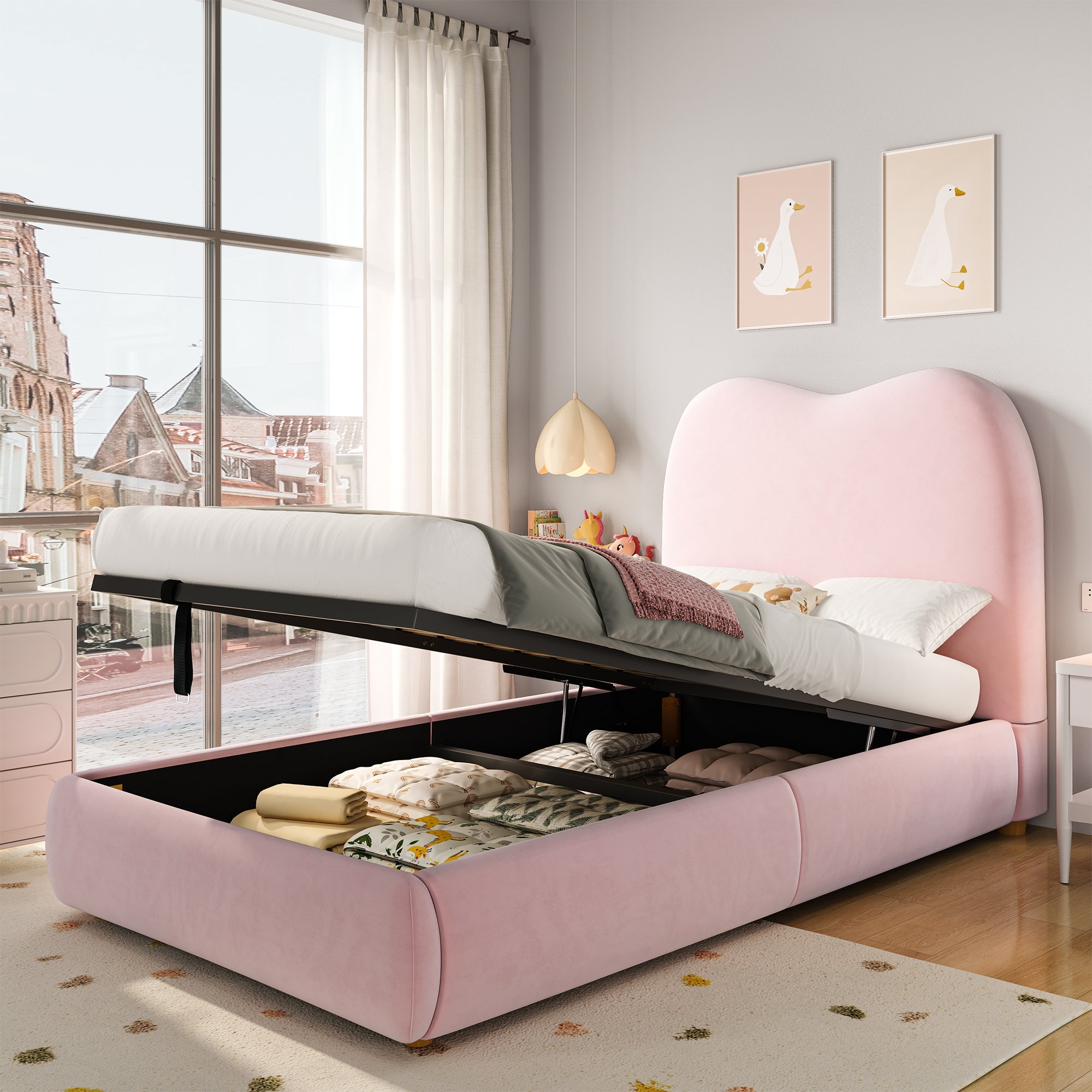Logidon Gestoffeerd Bed Roze 90x200 cm Hydraulisch bed met opbergruimte