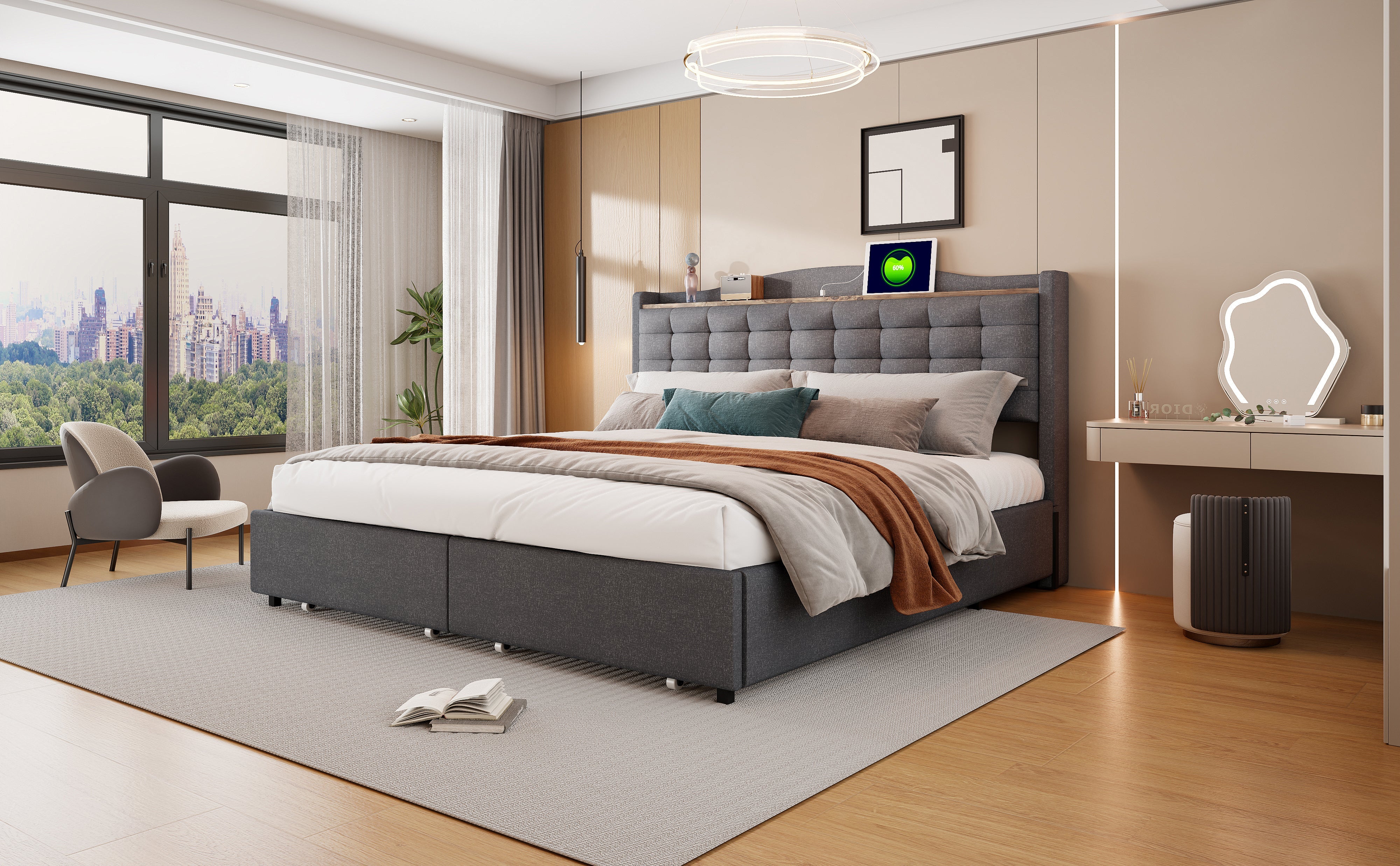 Logidon upholstered bed 160x200 cm gray with USB charging port and shelf