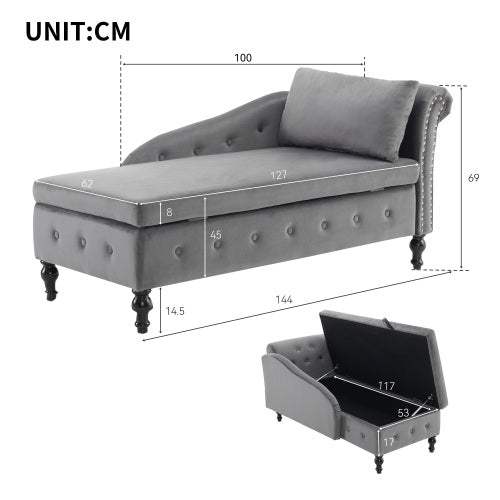 Logidon chaise longue bank grijs fluweel met opbergspijkerkop