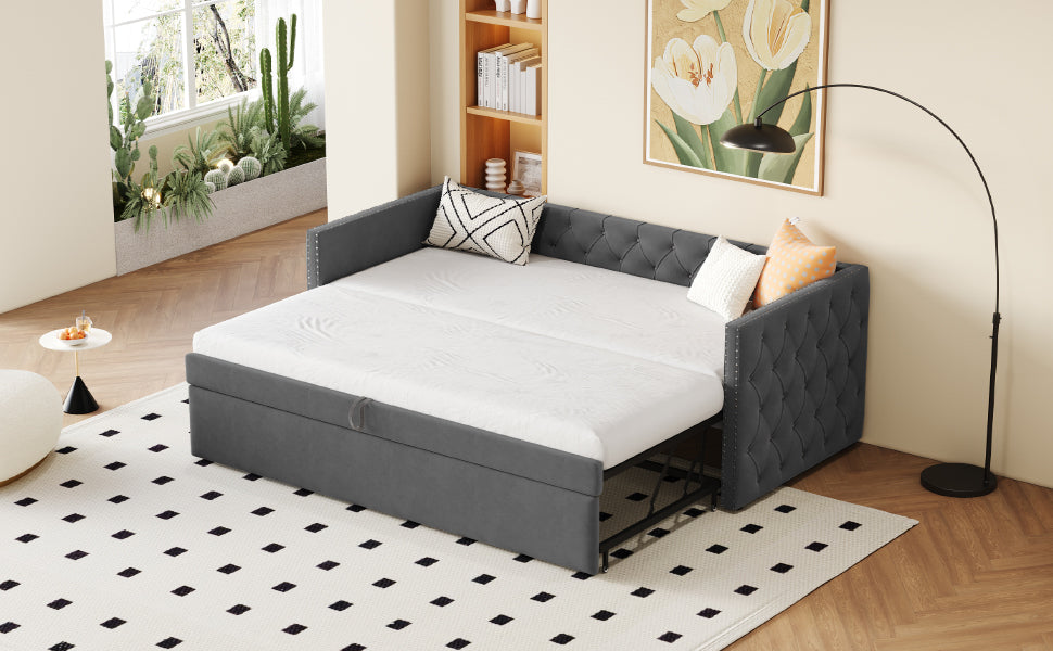 Logidon slaapbank uitschuifbaar 90x200 grijze fluwelen stof