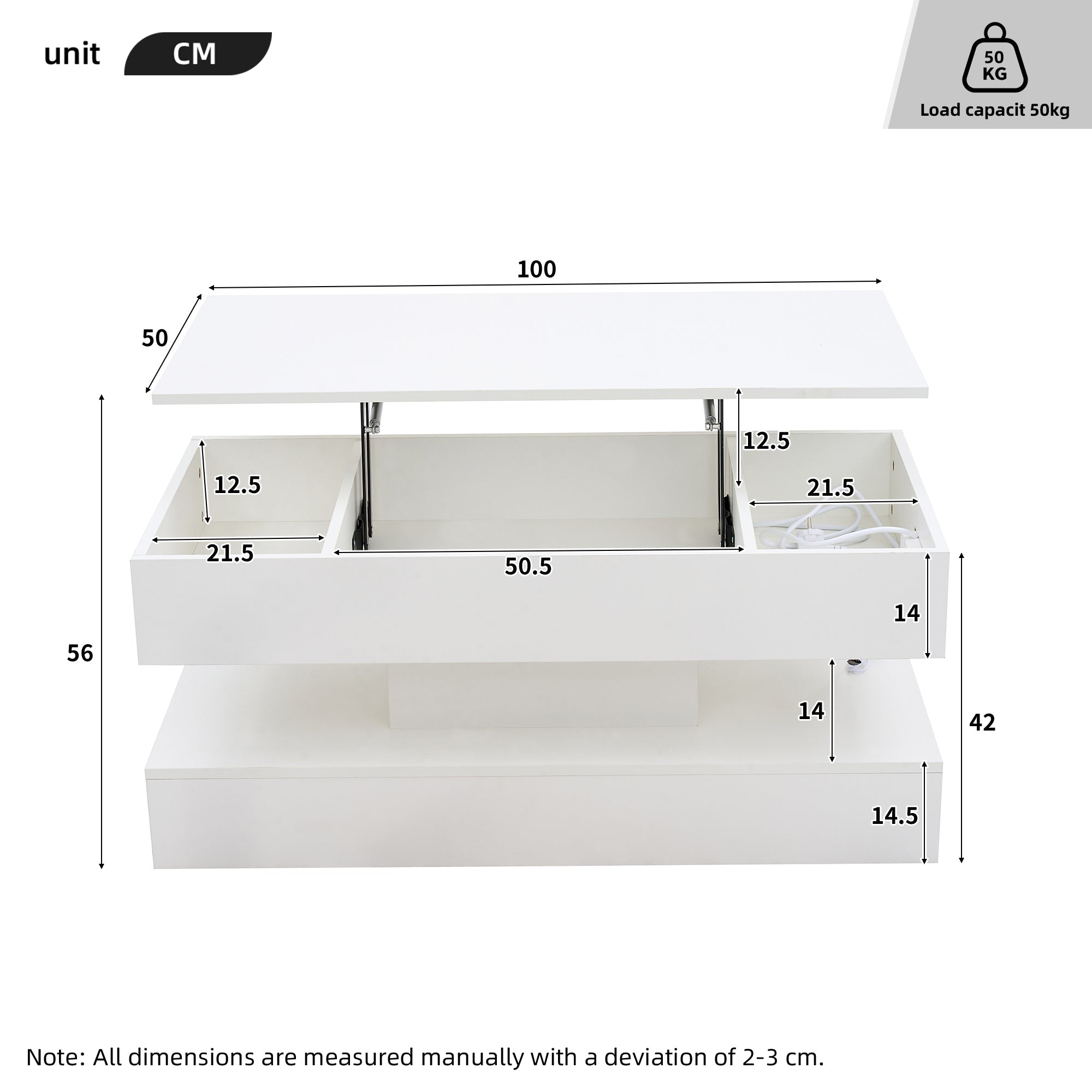 Logidon salontafel LED-verlichting en opbergruimte wit 100x50 cm