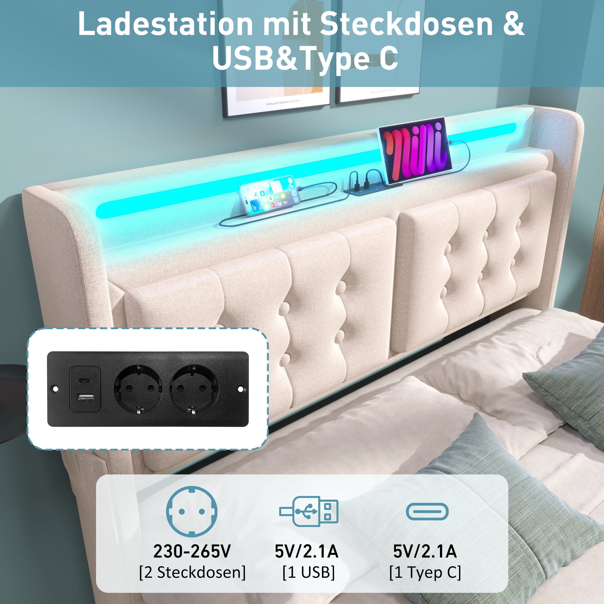 Logidon gestoffeerd bed 160x200 beige LED hoofdbord USB C oplaadfunctie 4 lades