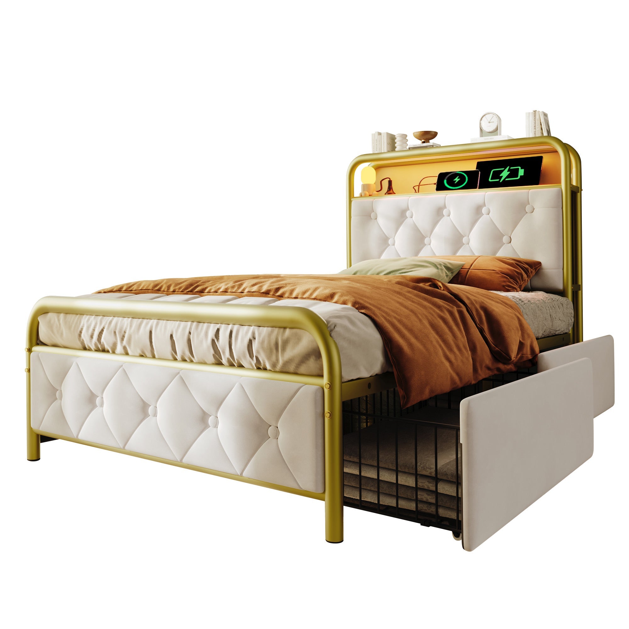 Logidon gestoffeerd bed 90x200 USB C oplaadfunctie LED wit fluwelen lades