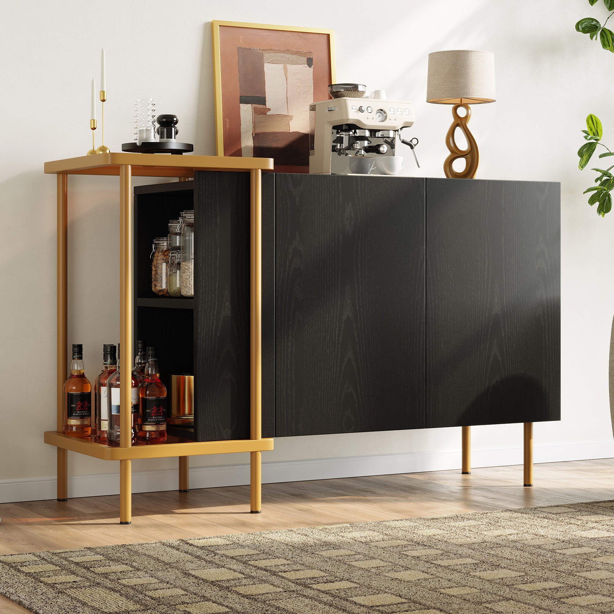 Logidon Dressoir Zwart Glazen Blad En Metalen Poten 120x40x77.5