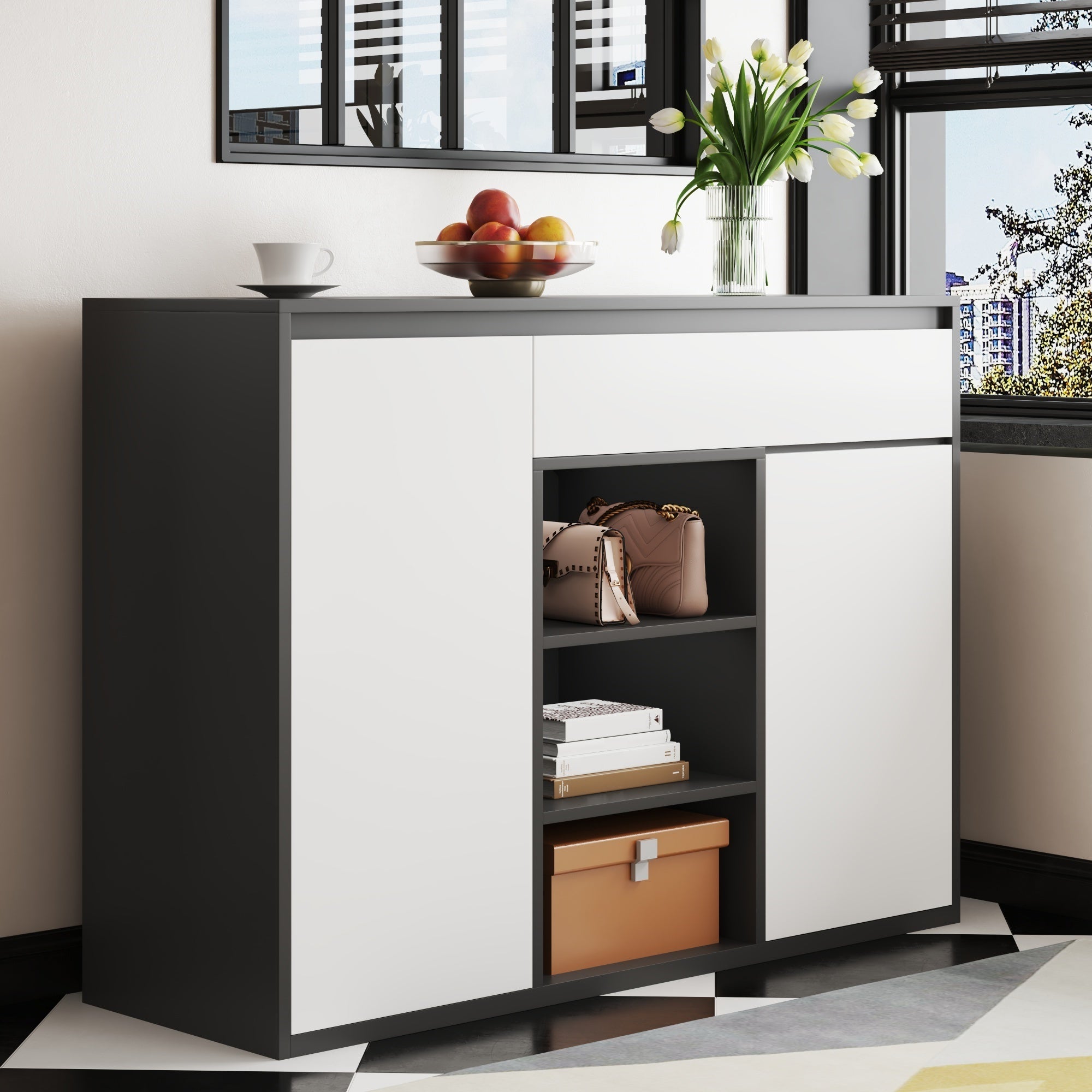 Logidon Shoe Cabinet Black White Two Doors Adjustable Shoe Rack
