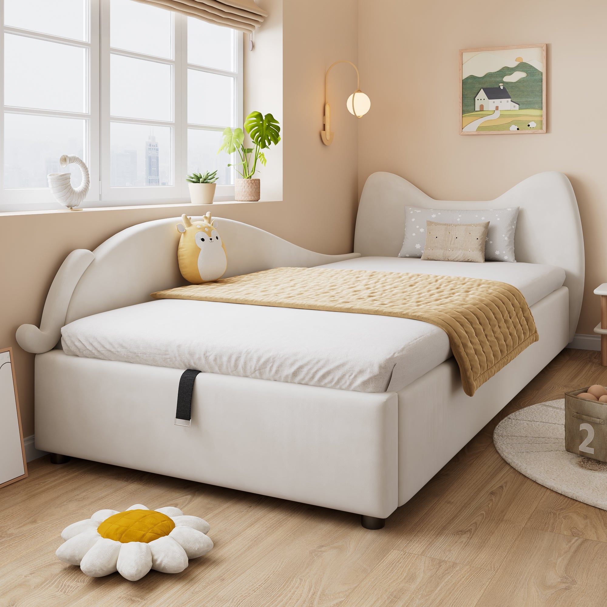 Logidon gestoffeerd kinderbed 90x200 beige kattendesign met opbergruimte