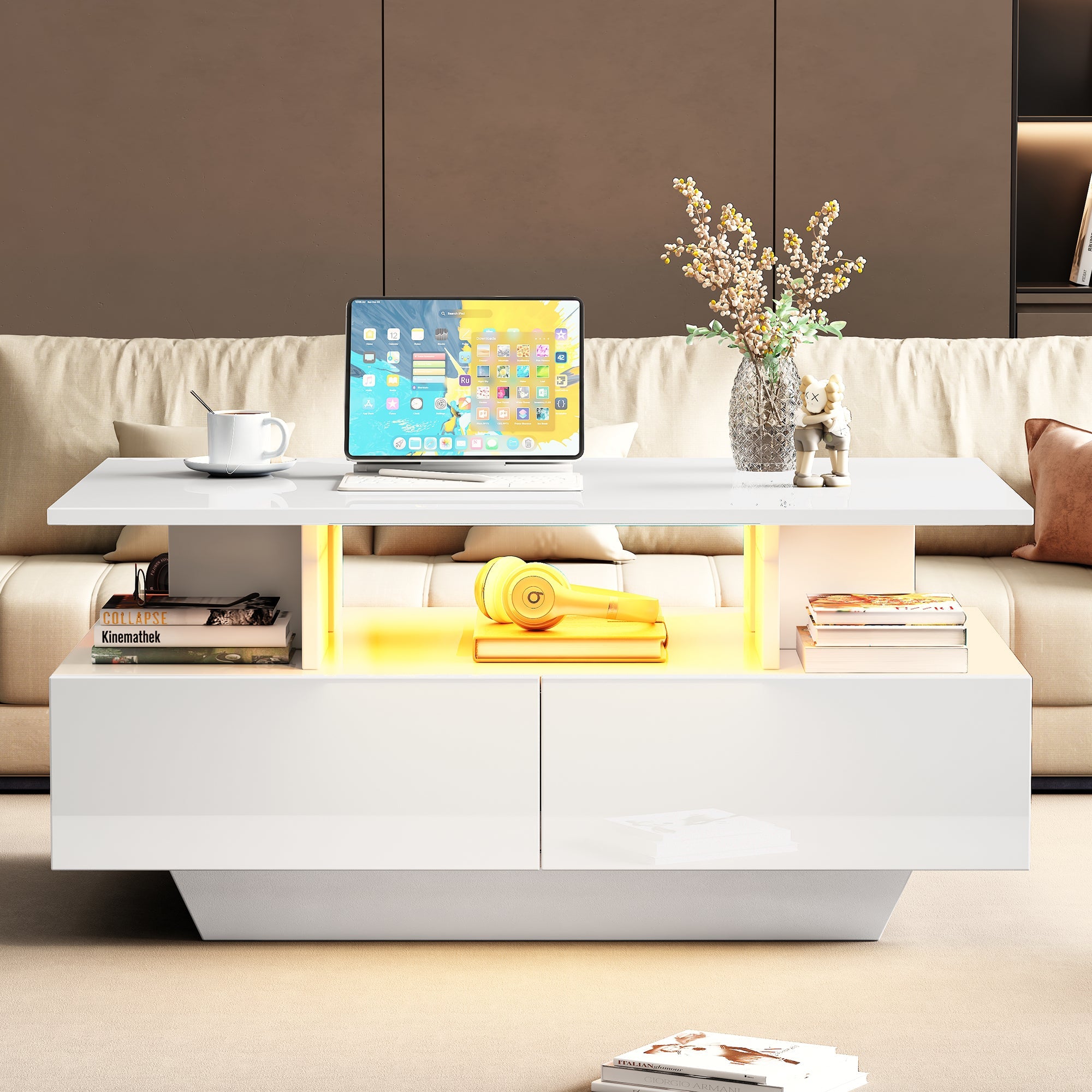 Logidon hoogglans salontafel LED, 2 lades, 90x55x41 cm wit