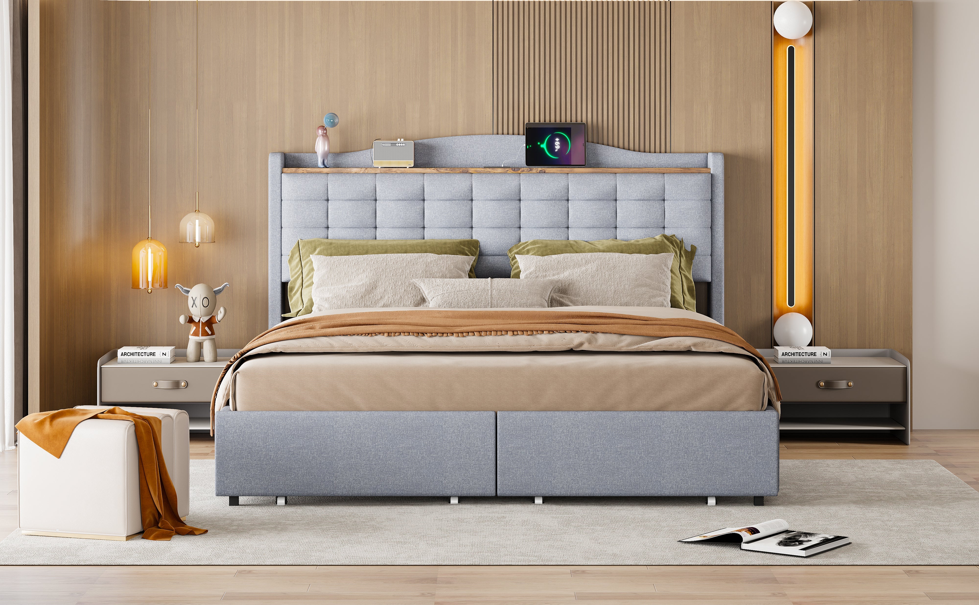 Logidon gestoffeerd bed 160x200 grijs USB-oplaadpoort