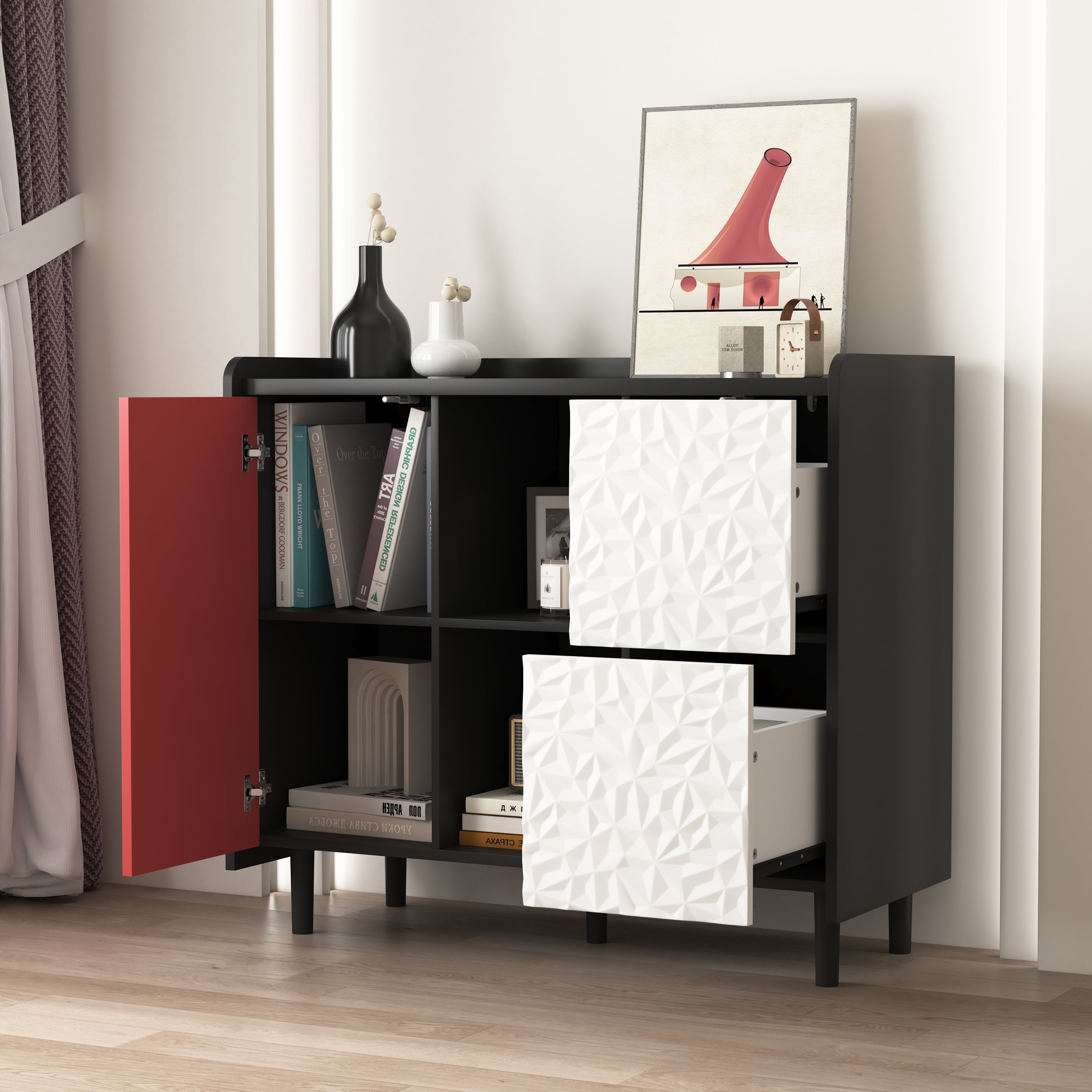 Logidon Dressoir Zwart Met Rode Deuren 2 Lades 90x40x80 cm