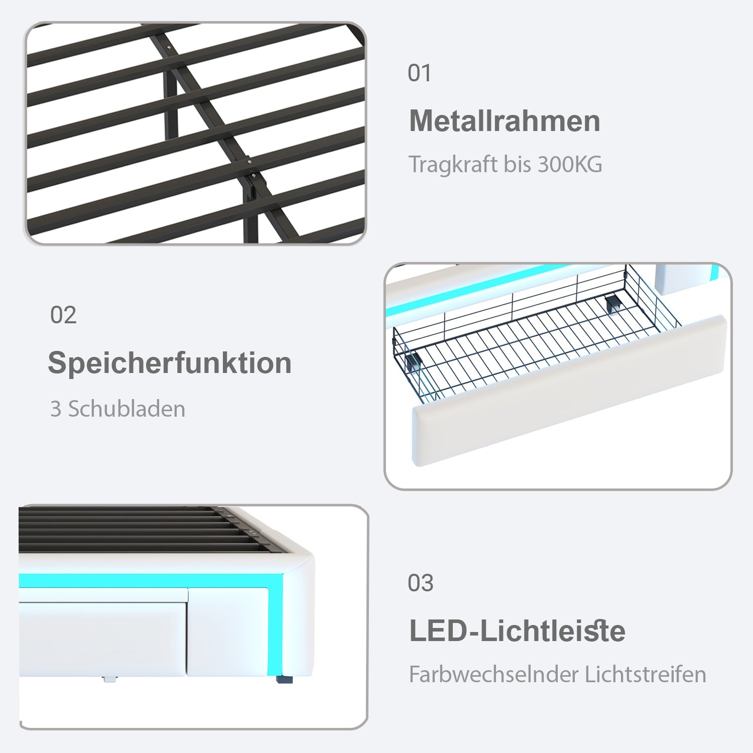 Logidon Bedframe 90x200 met lades PU-leer LED-verlichting Wit
