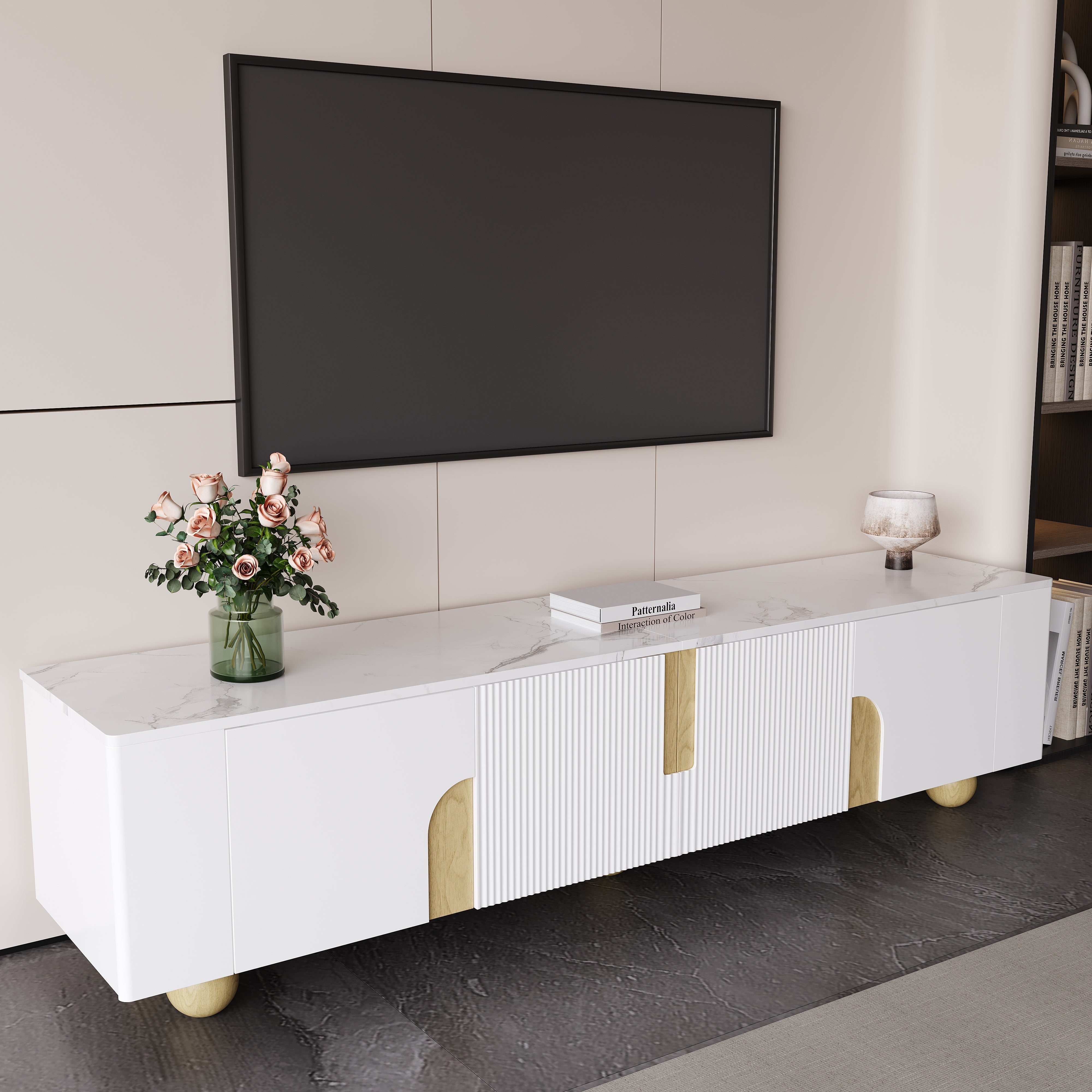 Logidon Wit TV-meubel 180 cm - 4 deuren, marmerlook, houten poten