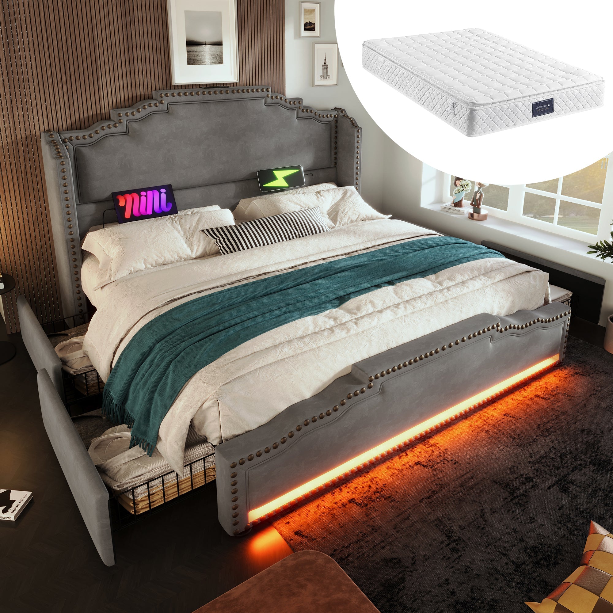 Logidon gestoffeerd bed 140x200 grijs fluweel met 4 lades en USB C