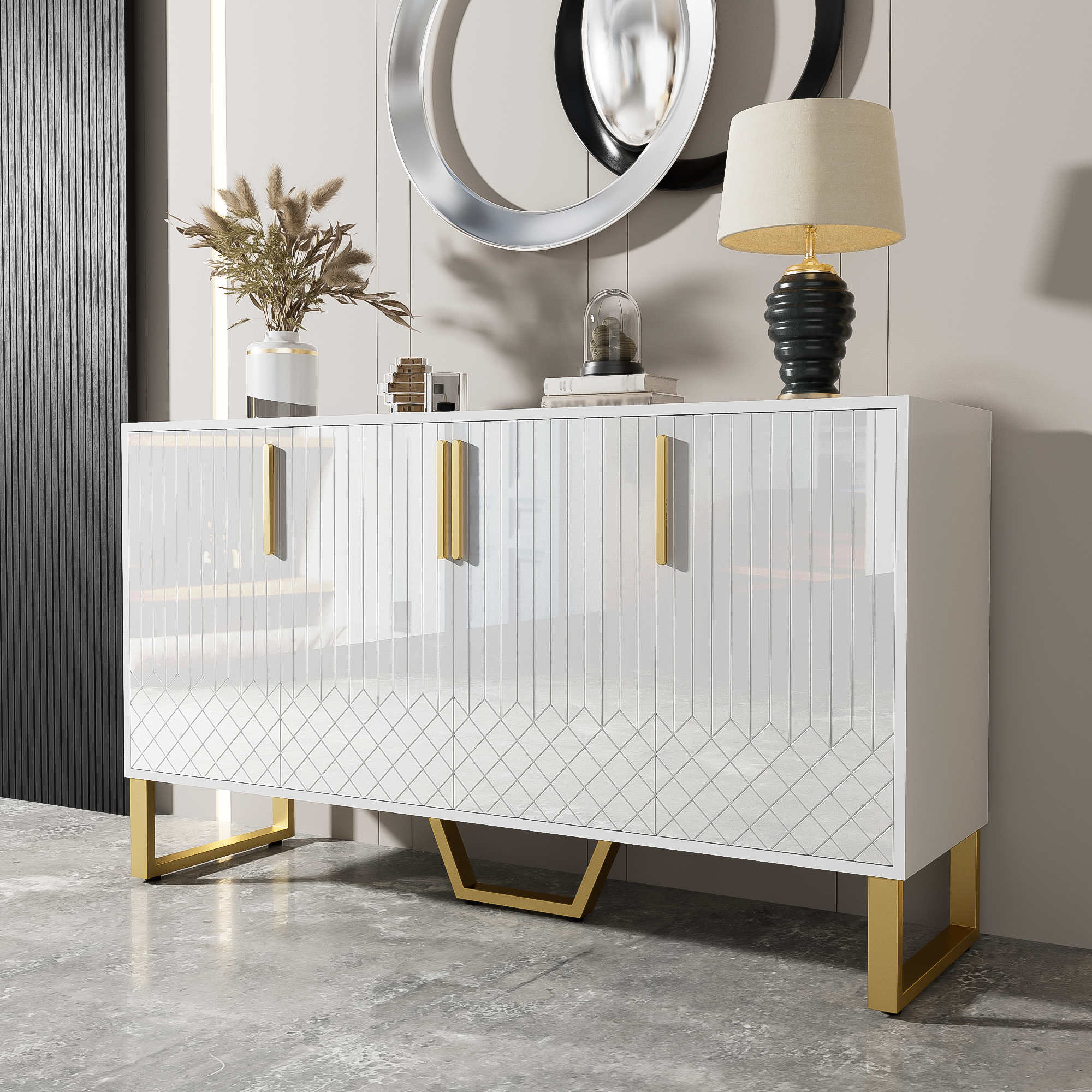 Logidon hoogglans dressoir wit 4 deuren geometrisch ontwerp 140x40x80