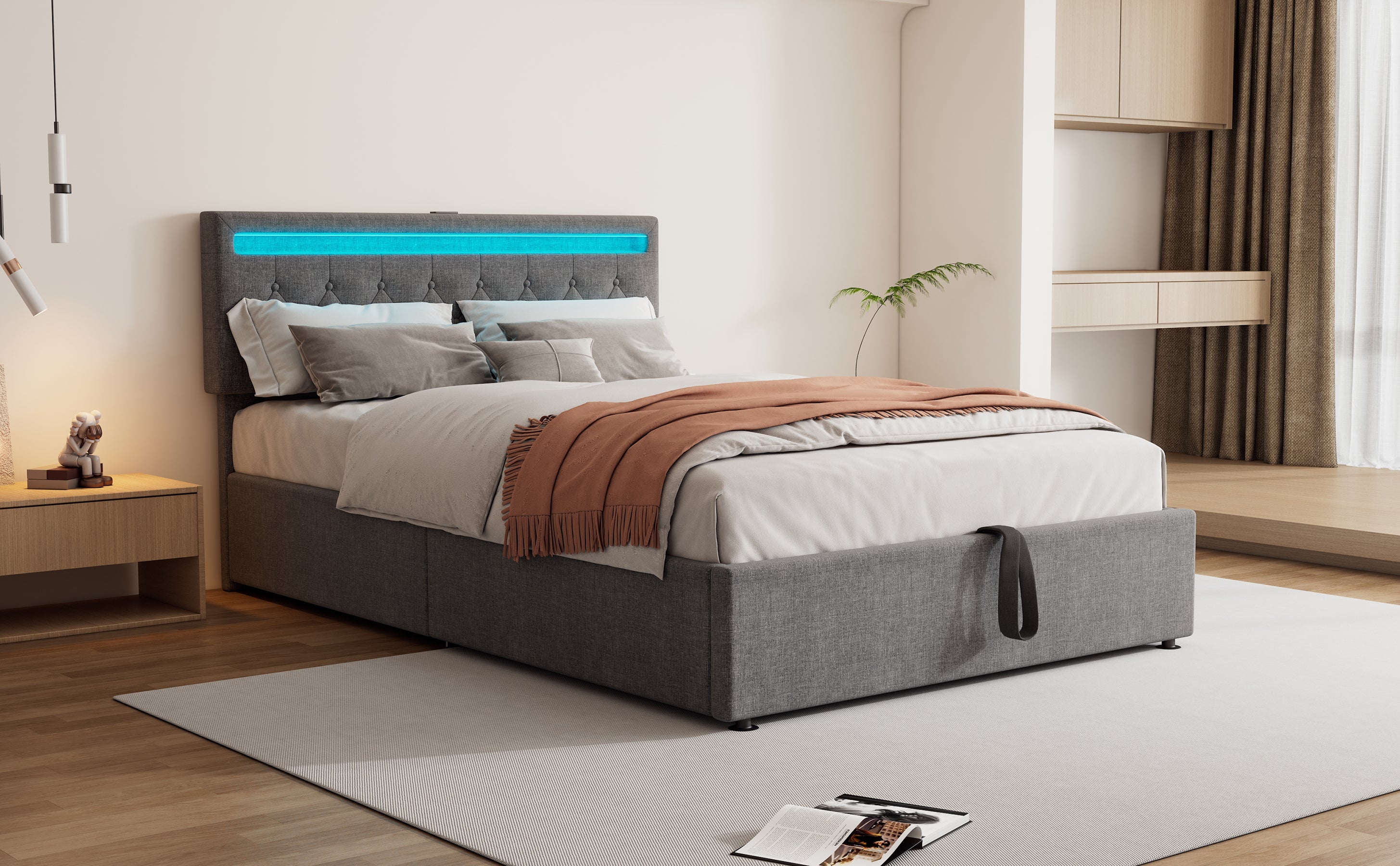 Logidon 140x200 cm gewatteerd bed met sfeerlichtopberger grijs