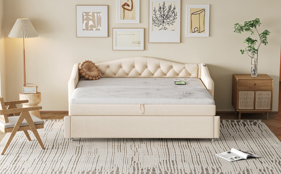 Logidon uitschuifbare slaapbank 90x200 beige met USB-poort