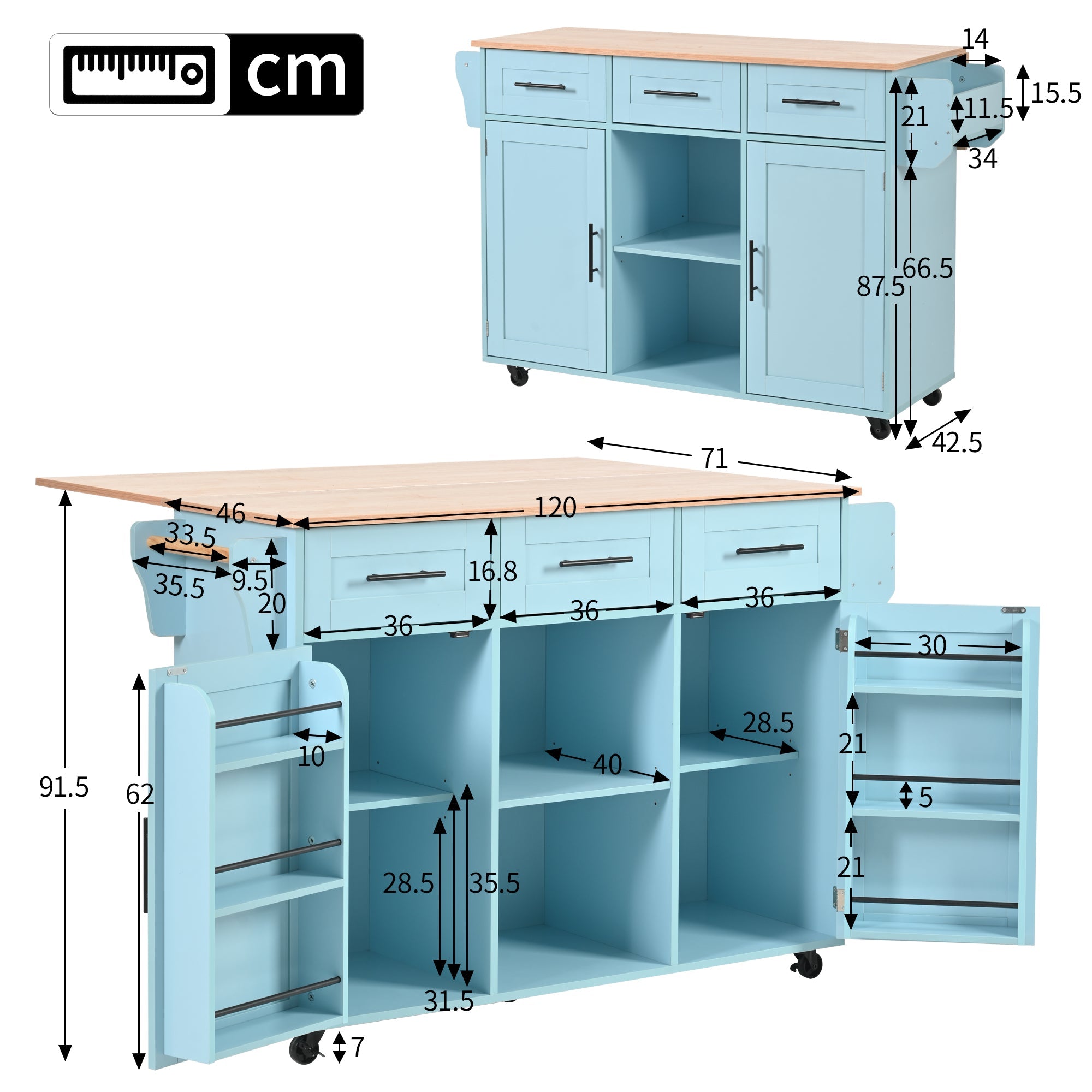 Logidon Eetwagen Blauw Massief Houten Werkblad Opvouwbaar 139x46x91,5 cm