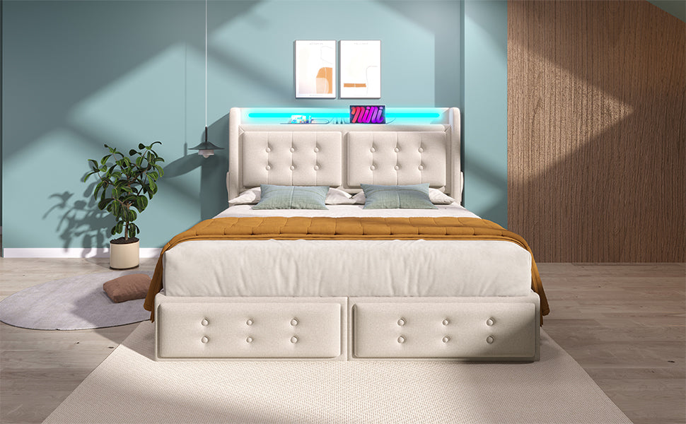 Logidon gestoffeerd bed 160x200 beige LED-hoofdbord USB-C oplaadfunctie