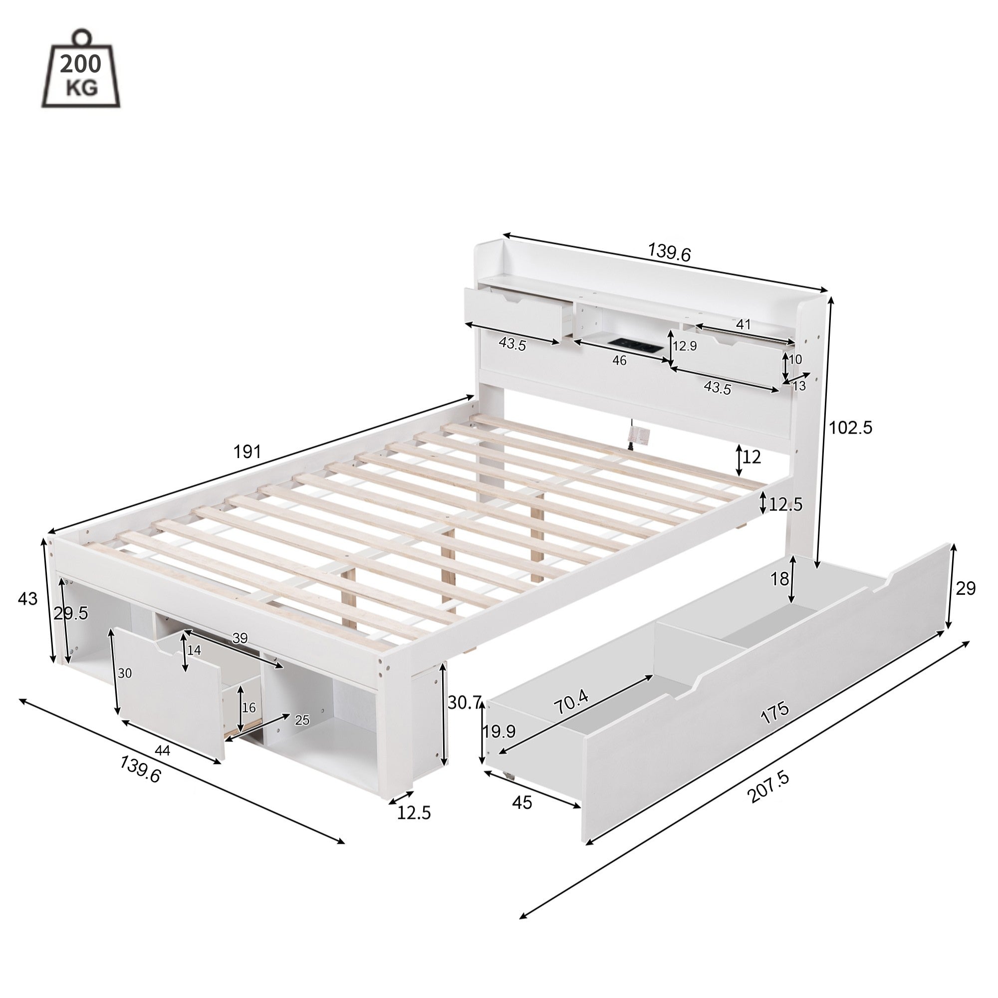 Logidon bed 135x190 cm met USB oplaadpunt en opbergruimte wit