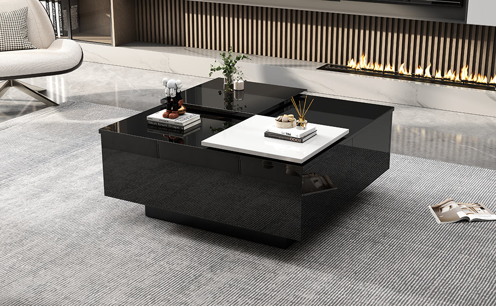 Logidon Hoogglans Salontafel Zwart Wit 75x75 Cm Met 4 Laden