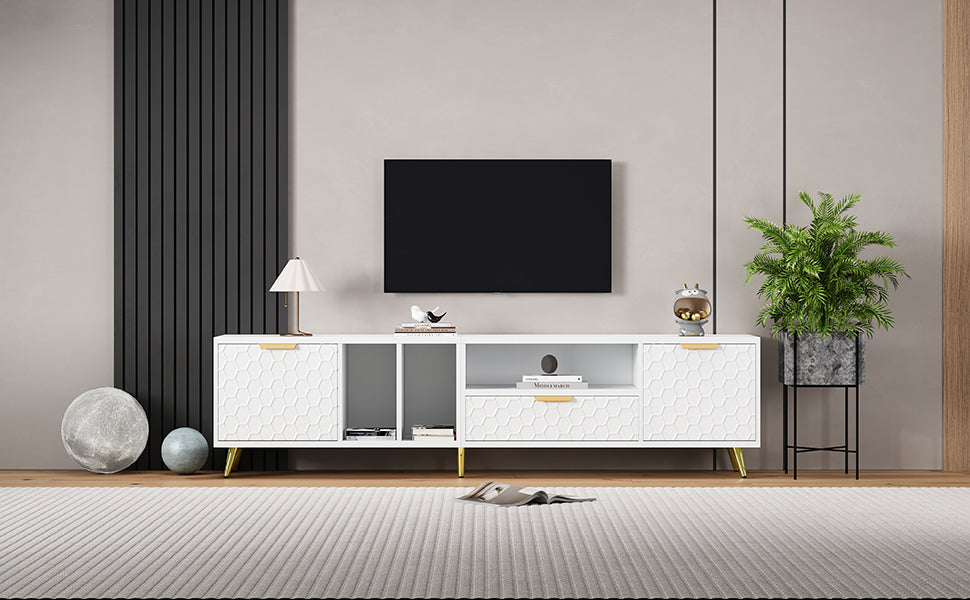 Logidon White TV Stand with Honeycomb Pattern and Storage Space for up to 80 Inches