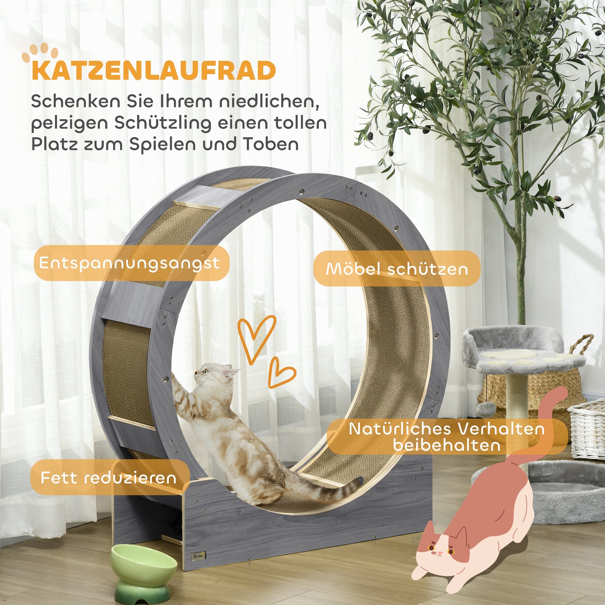 Logidon kattenwiel 91 cm grijs hout met remkrabplank