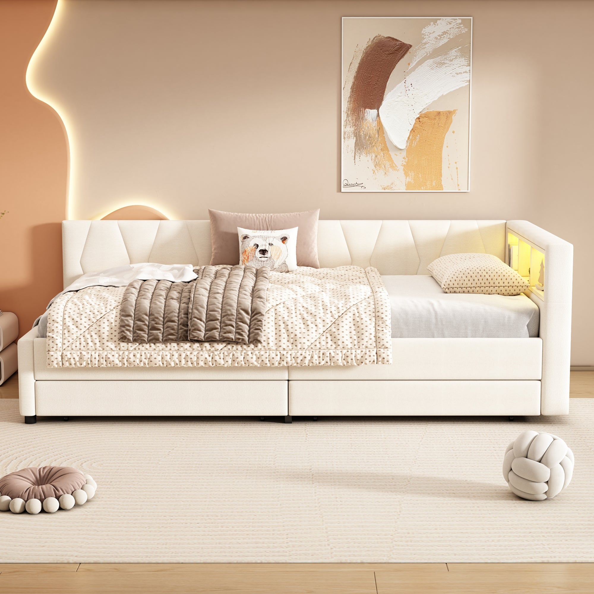 Logidon Dagbed 90x200 cm Beige Slaapbank Opbergvak met USB C LED
