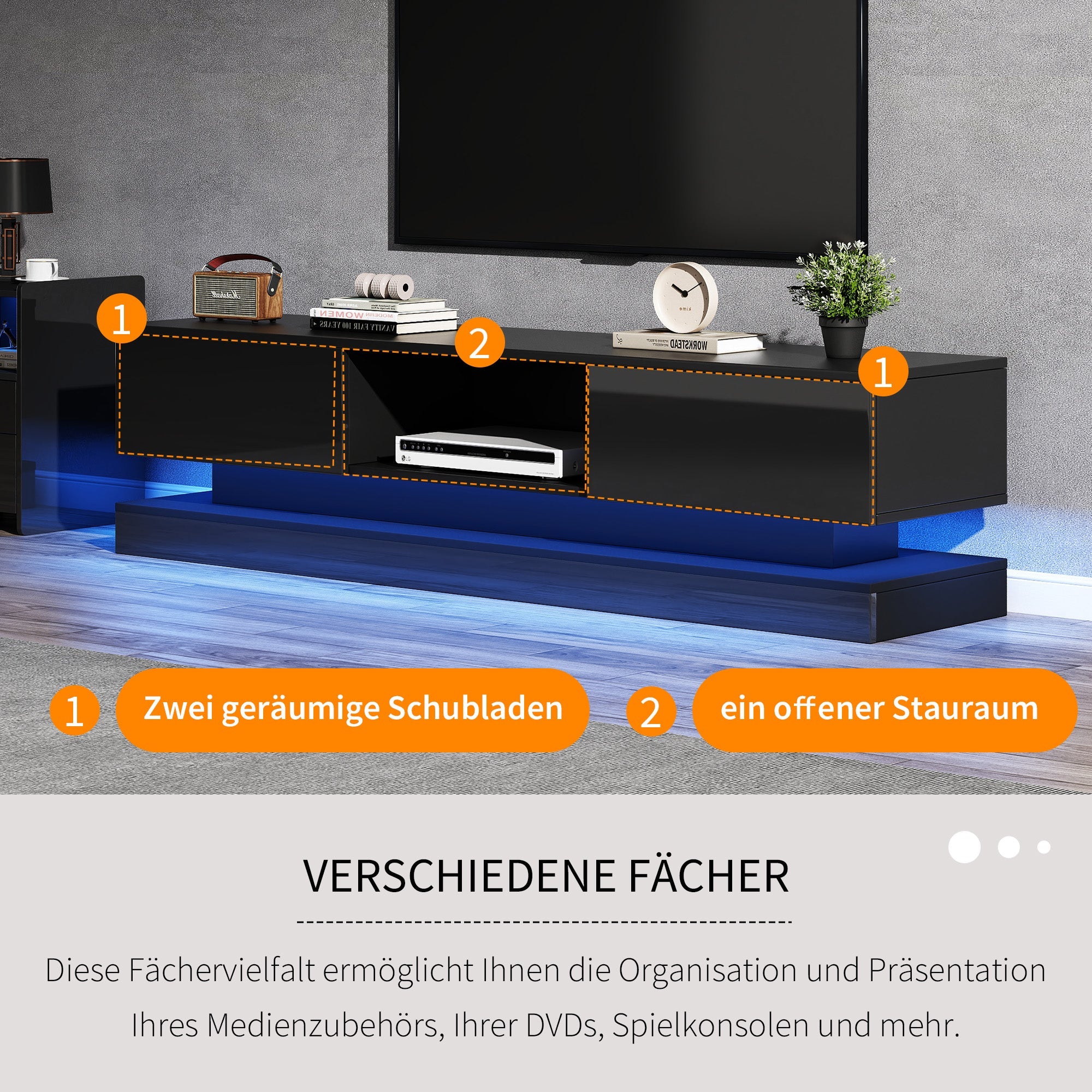 Logidon Zwart Hoogglans TV-meubel 160 CM Met LED 2 Laden