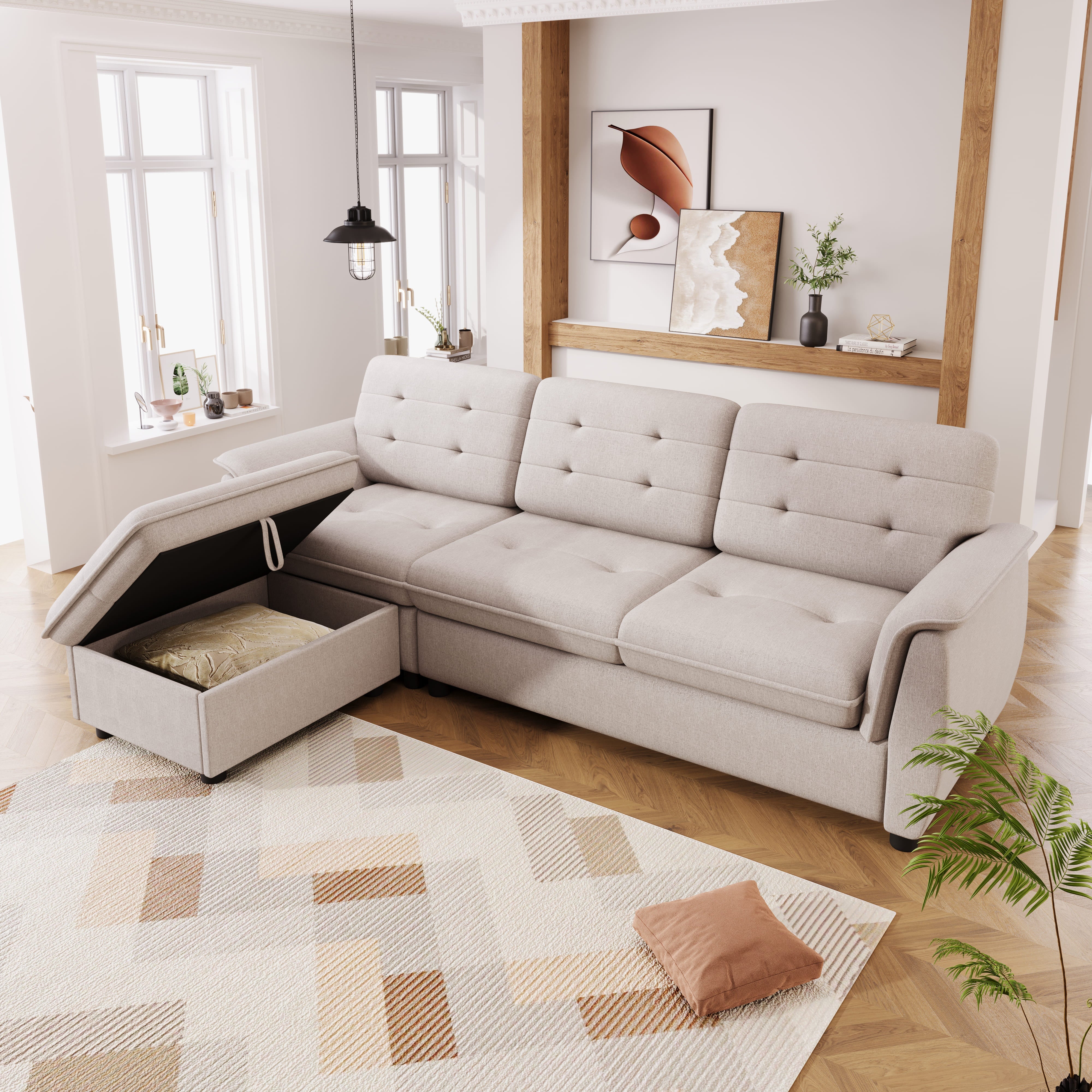 Logidon Corner Sofa L-Shape With Ottoman Storage Beige