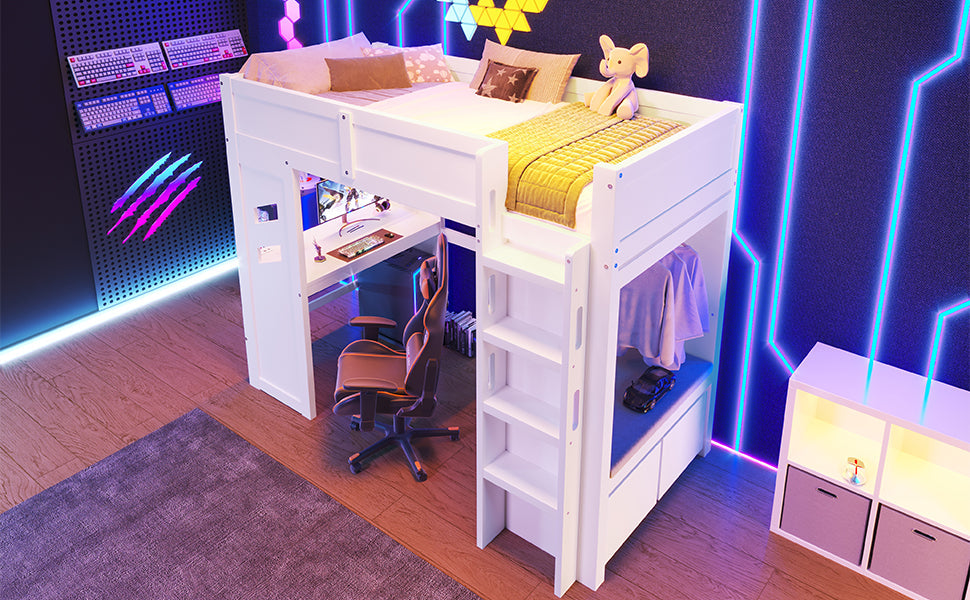 Logidon hoogslaper 140x200 cm wit gamingbed met bureau LED