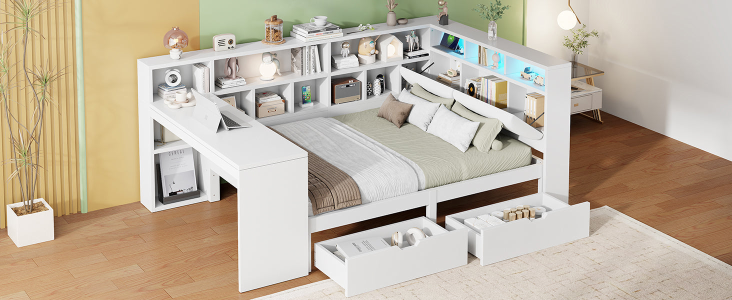 Logidon Hoekbed 140x200 L-vorm met Bureau Boekenplank Wit