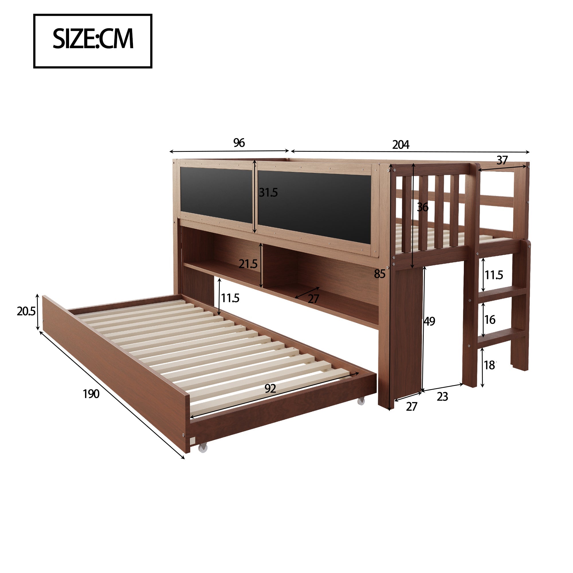 Logidon House Bed 90x200 Bruin Uitschuifbare onderbed-klimladder